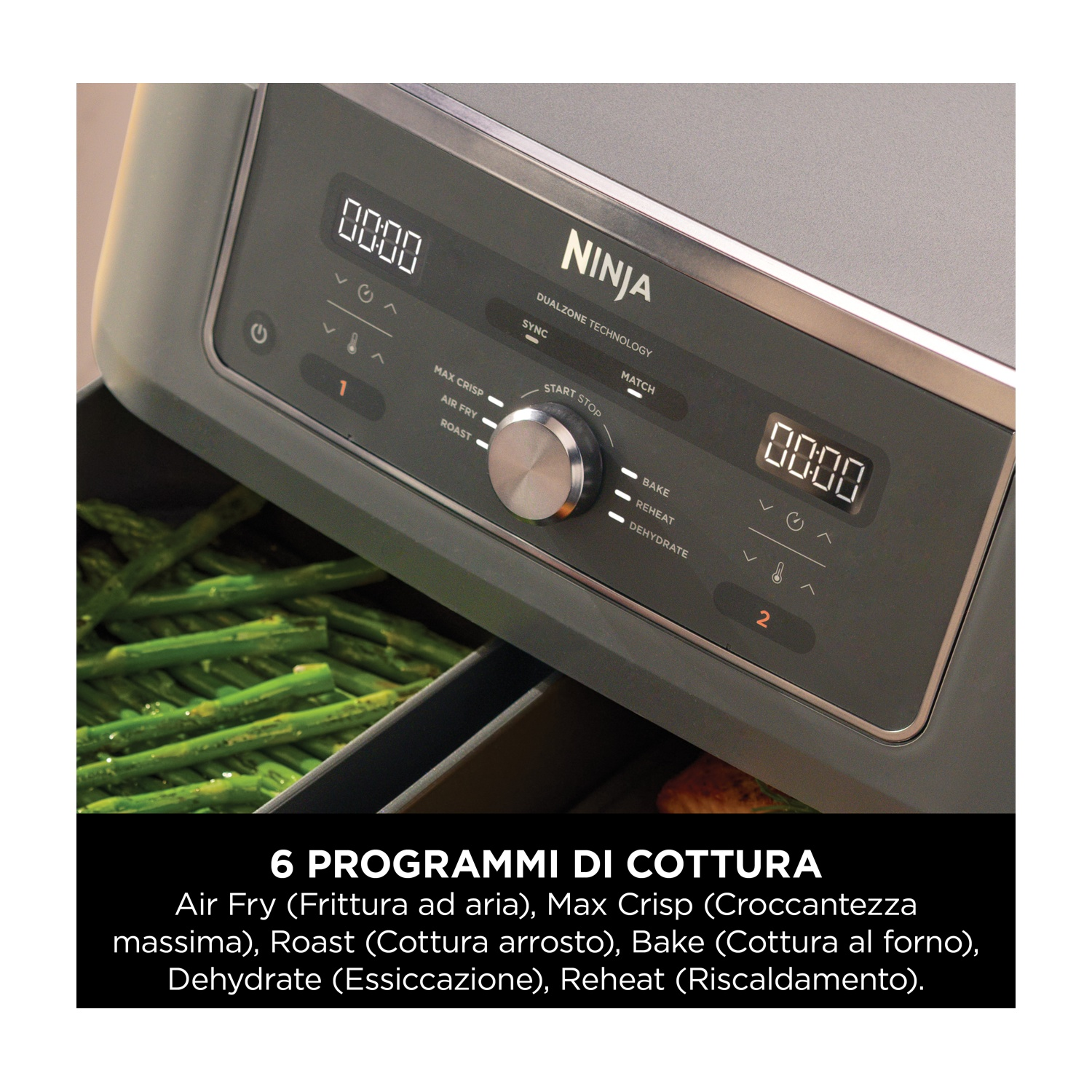 Una friggitrice ad aria Ninja mostra un display digitale. Asparagi verdi sono nel cassetto. Il testo sottostante elenca i programmi di cottura.