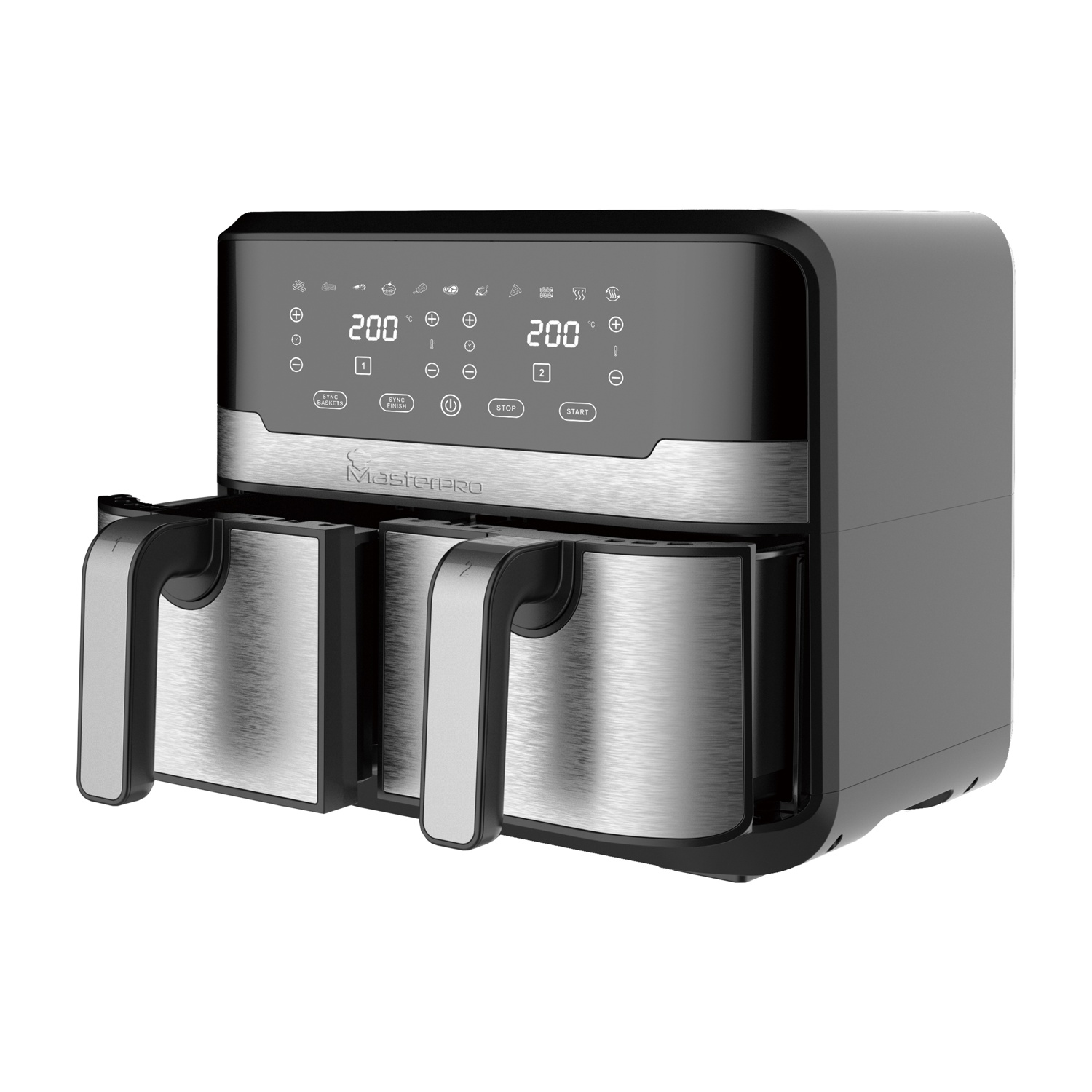 Friggitrice ad aria nera e argento con due cestelli, display digitale con temperatura e pulsanti di controllo.