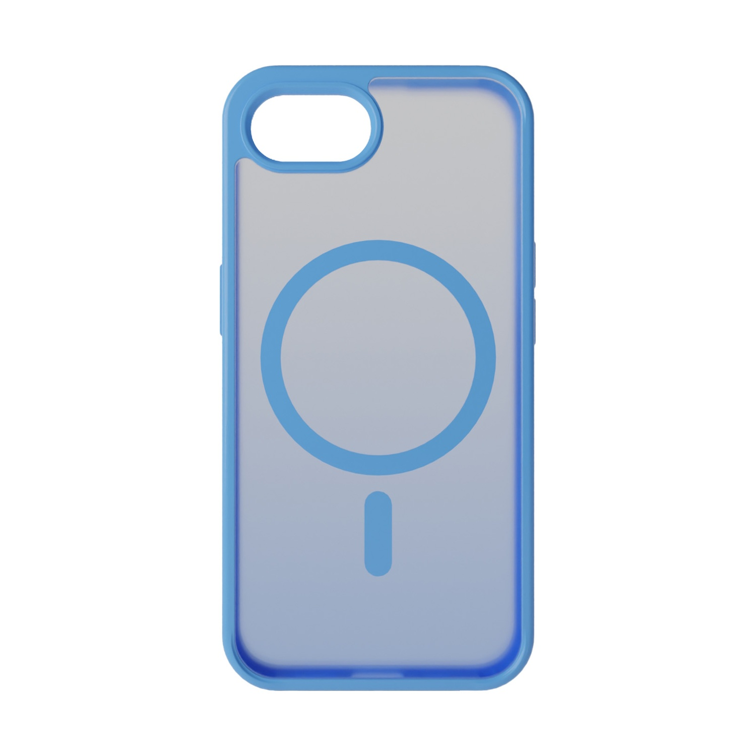 Una custodia trasparente per telefono con cornice blu. Ha un cerchio blu e un piccolo rettangolo blu sul retro.