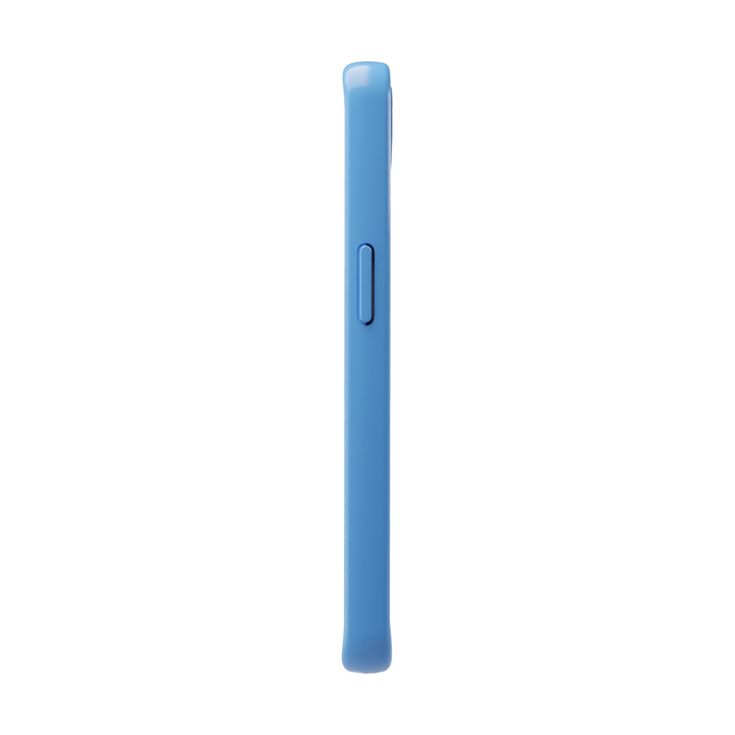 Vista laterale di una custodia blu per telefono. Ha un pulsante laterale e un design liscio e arrotondato. Lo sfondo è bianco.