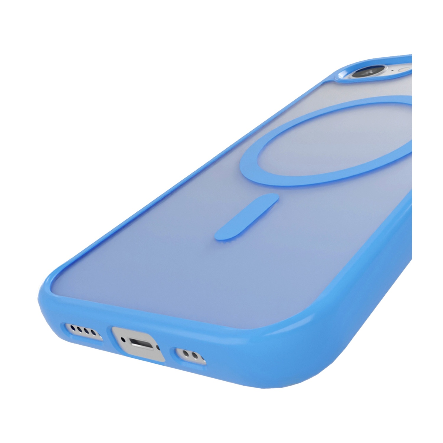 Custodia blu per telefono con retro trasparente. Ha un bordo blu e un anello sul retro per l'attacco magnetico.