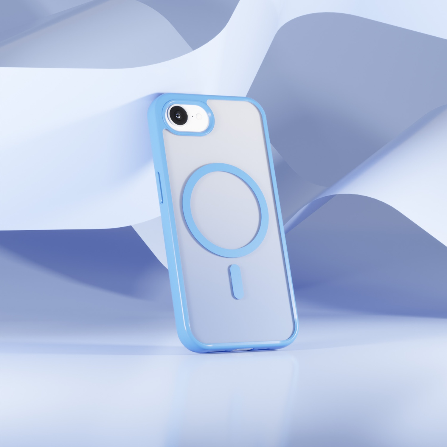 Custodia trasparente per telefono con dettagli blu. Il telefono è in una custodia trasparente con cornice blu e design a cerchio blu. Sfondo di carta bianca.