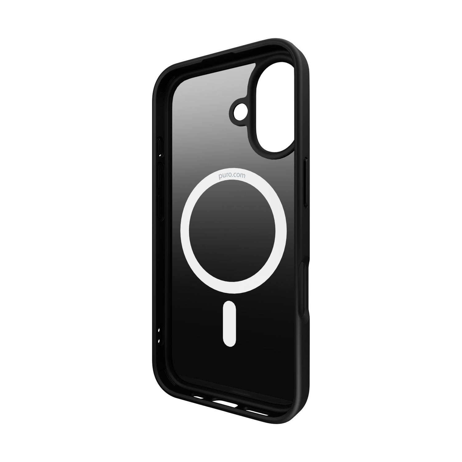Custodia nera per iPhone con retro trasparente. Cerchio bianco e segno meno al centro. Cornice nera con fori per fotocamera e pulsanti.