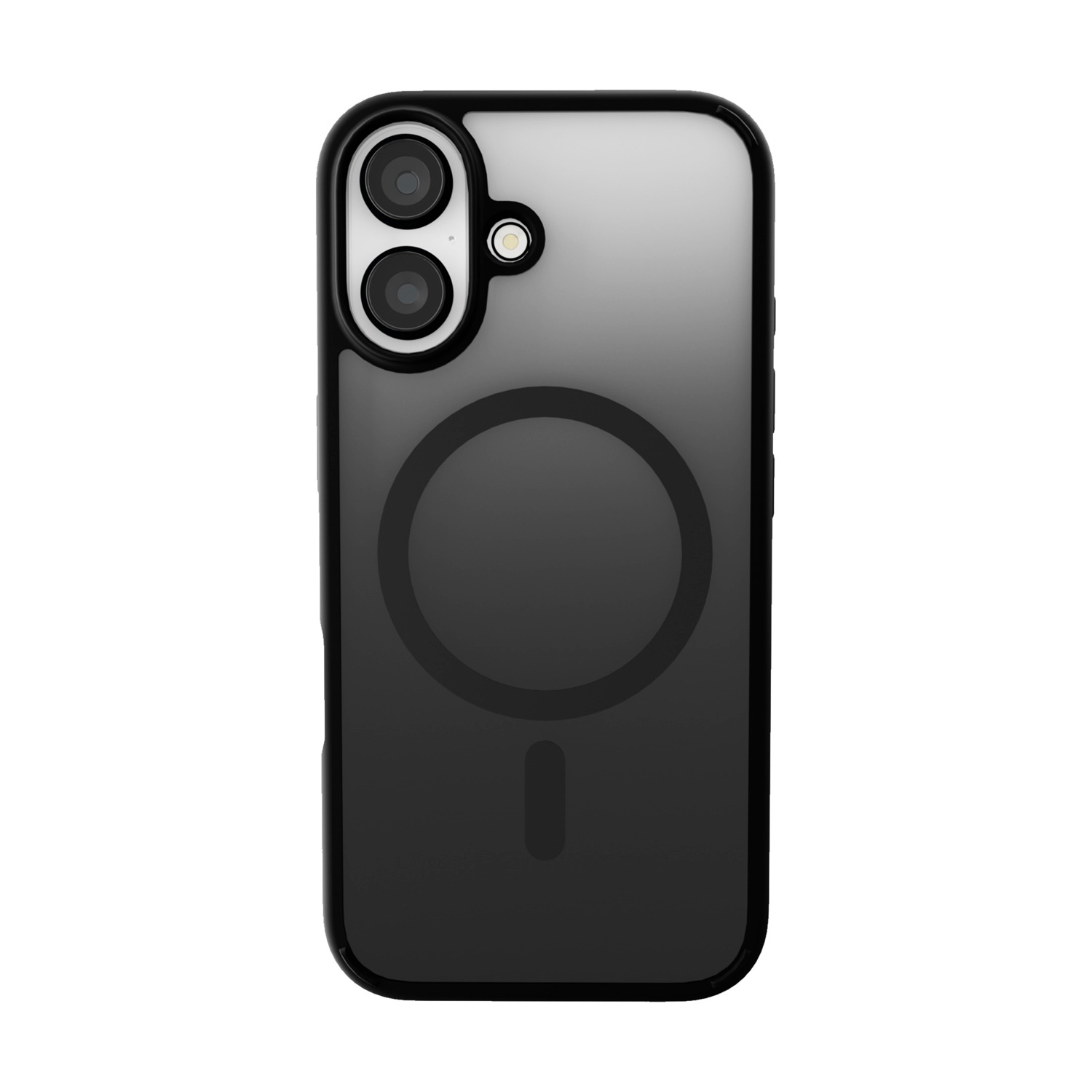 Custodia nera per telefono con doppia fotocamera. La custodia ha un effetto sfumato, un design circolare e la ricarica magnetica.