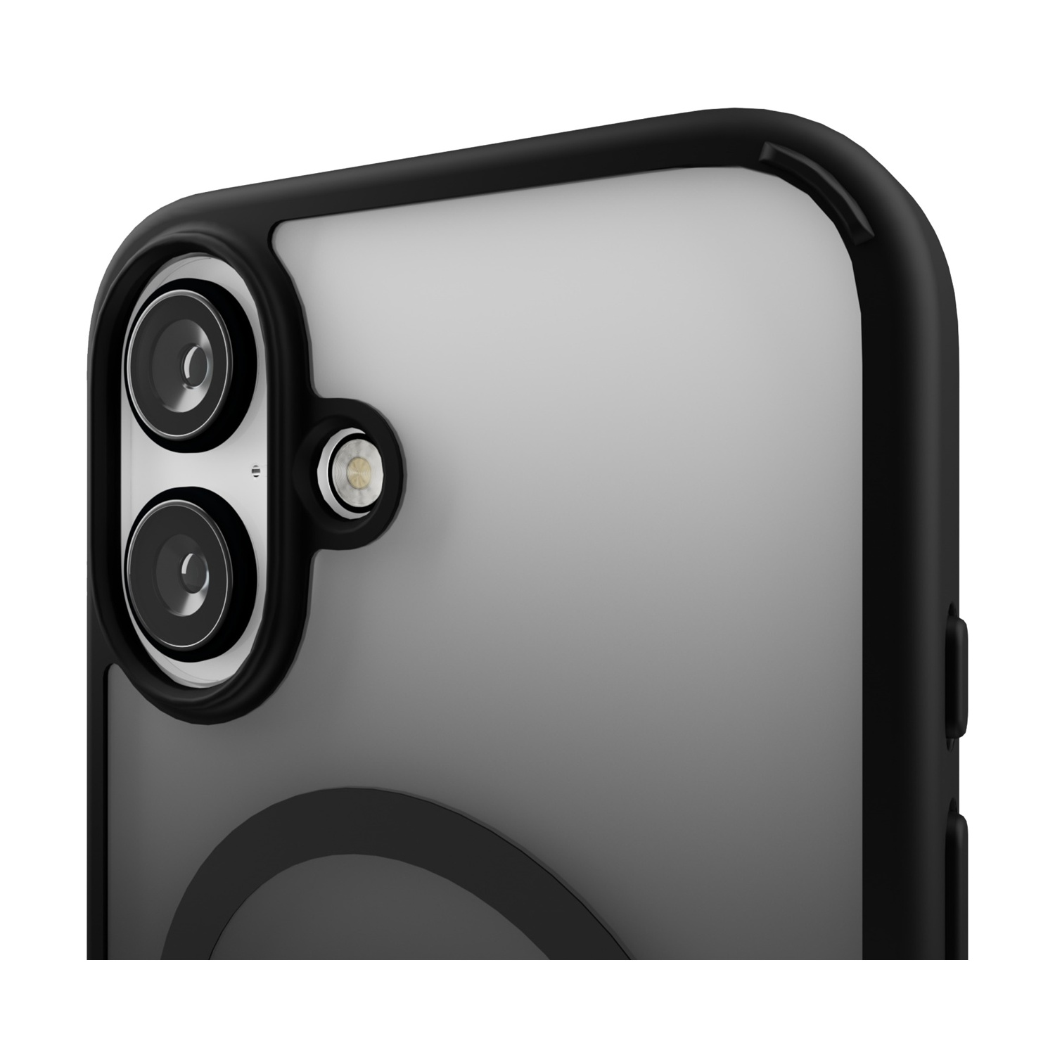 Custodia nera per telefono con lenti della fotocamera. Sono visibili due lenti e un flash. Il telefono è grigio e ha un bordo nero.