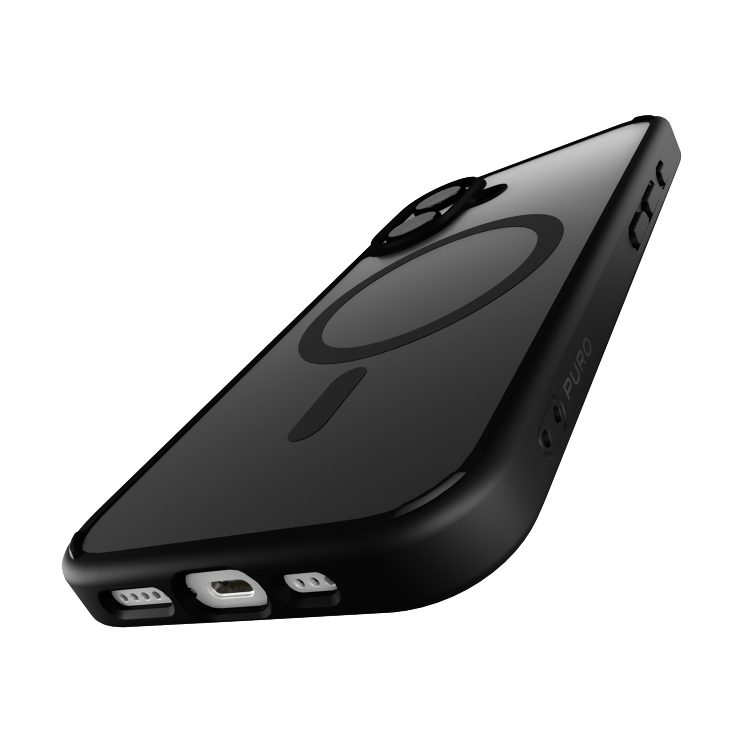 Custodia nera per telefono con retro trasparente. La custodia ha un'area magnetica circolare e la scritta "PURO".