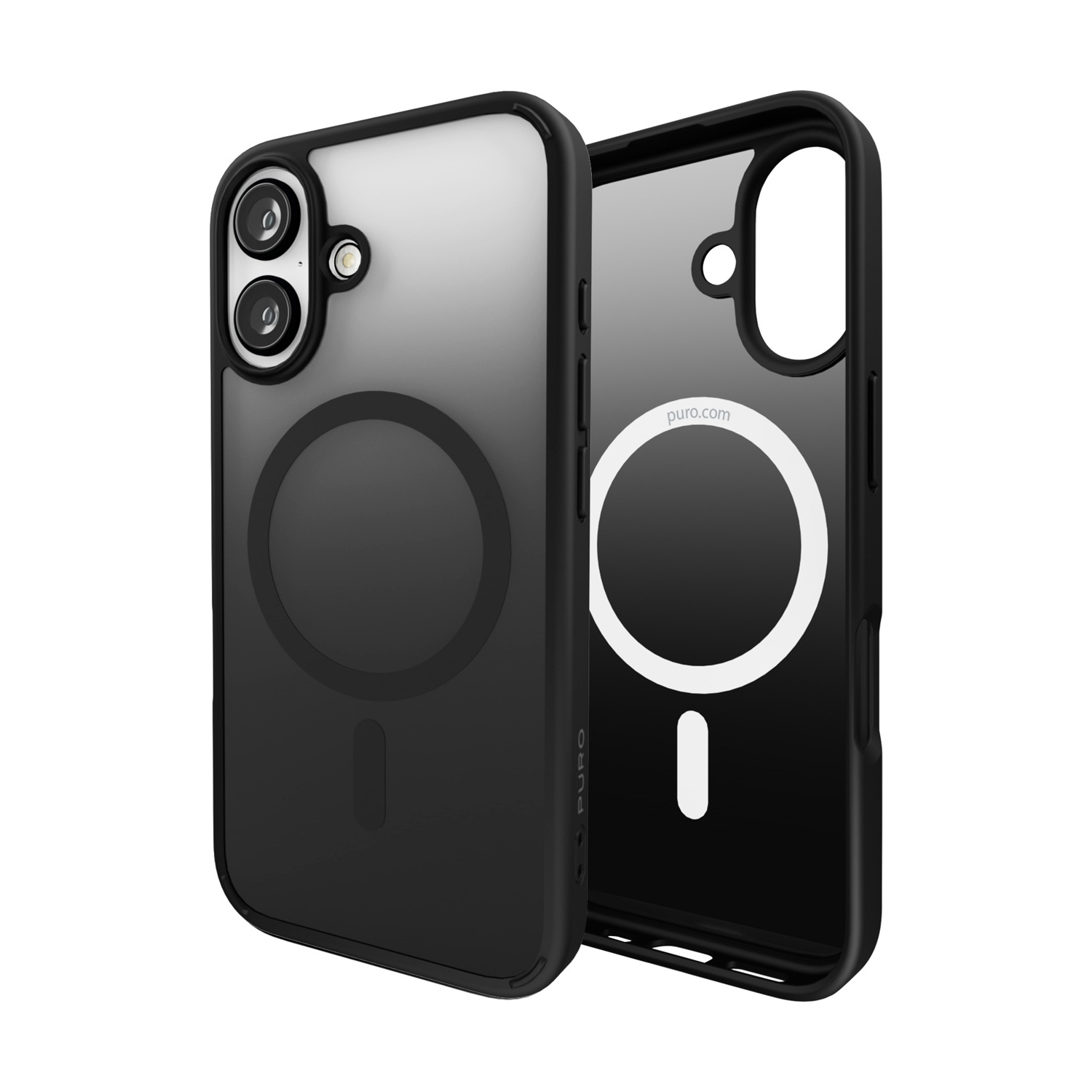 Due custodie nere per telefono, una assemblata e una smontata, con un design trasparente sfumato e un cerchio magnetico bianco.