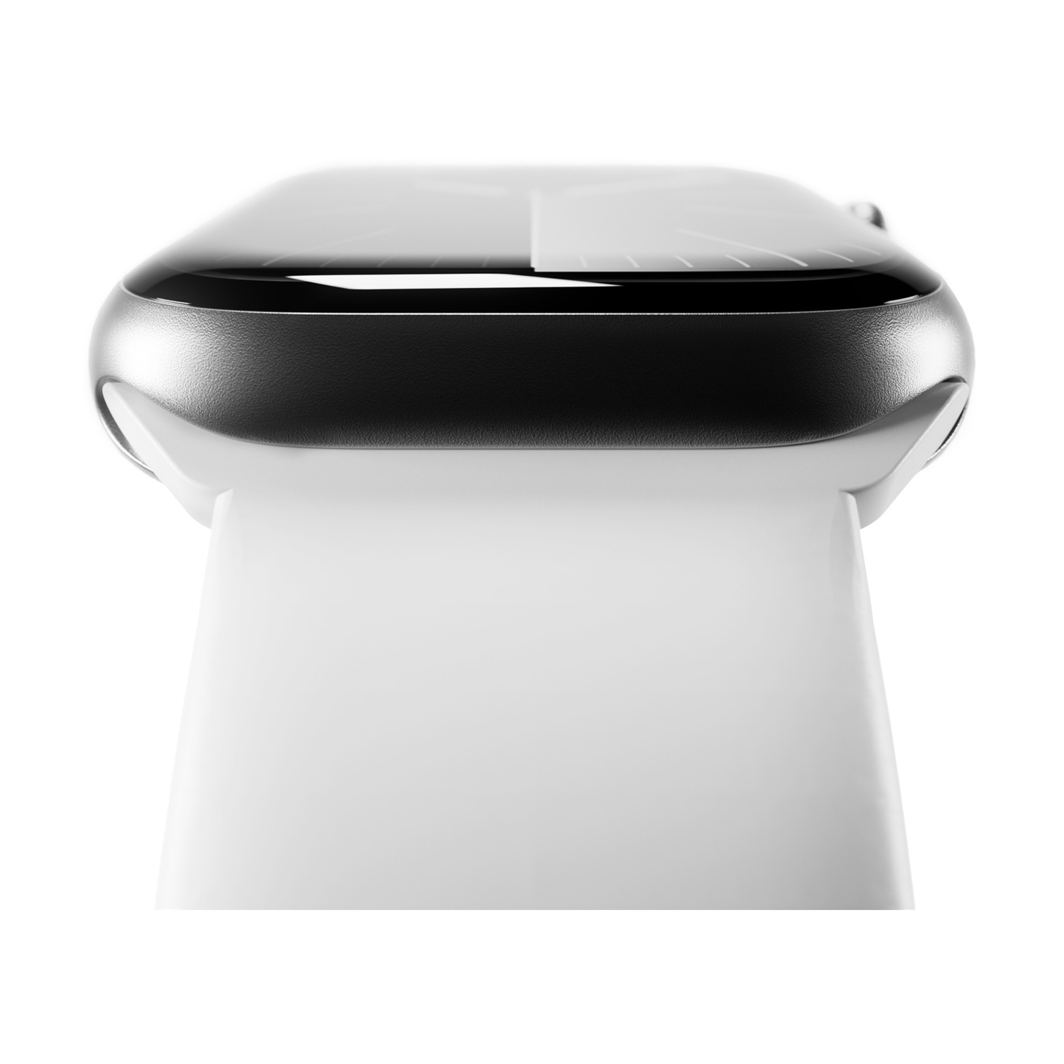 Primo piano di uno smartwatch argentato con schermo nero e cinturino bianco su sfondo bianco.