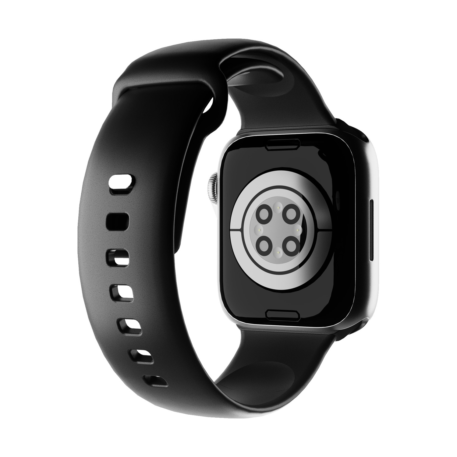 Smartwatch nero con cinturino nero. Il retro mostra sensori e punti di ricarica. Sfondo bianco.