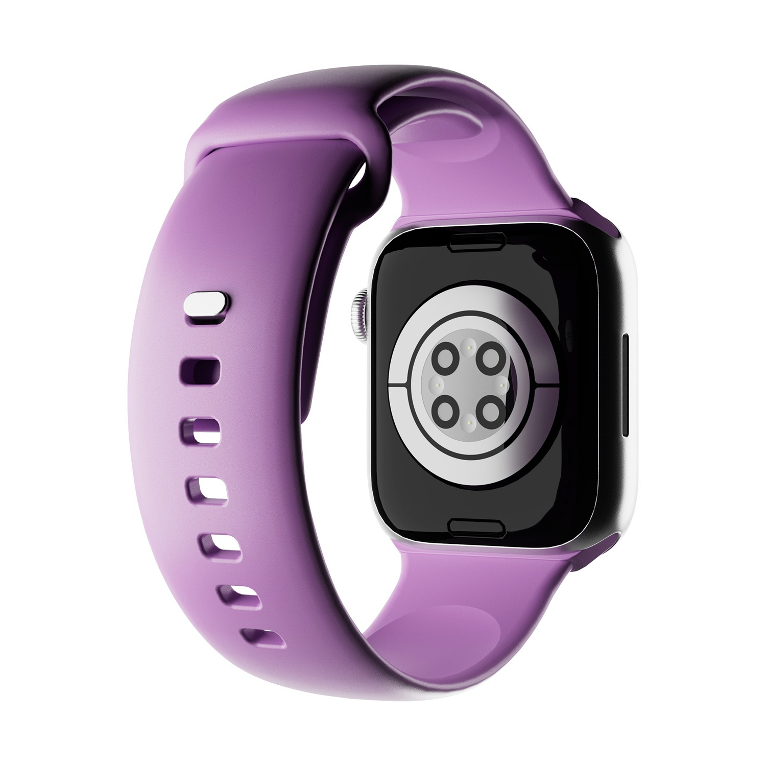 Uno smartwatch viola è mostrato su sfondo bianco. L'orologio mostra il retro, rivelando sensori e uno schermo nero lucido.