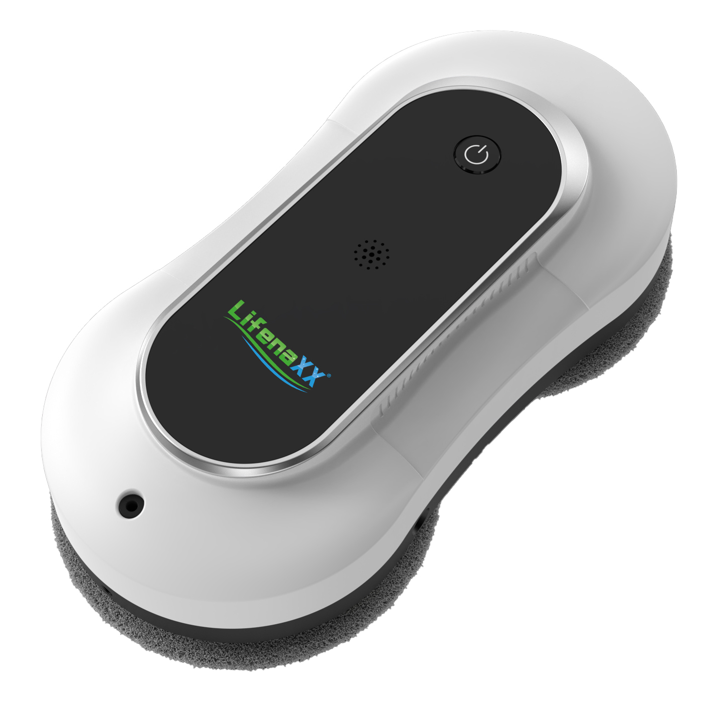 Biało-czarny robot do czyszczenia okien. Ma przycisk zasilania i głośnik. Nazwa marki to LifenaXX w kolorze niebieskim i zielonym.