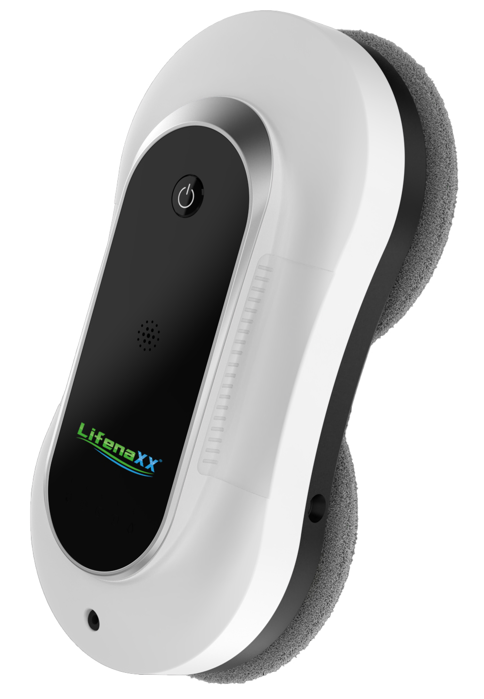 Biało-czarny czyścik do okien LifenaXX. Ma dwie szare podkładki czyszczące i przycisk zasilania.