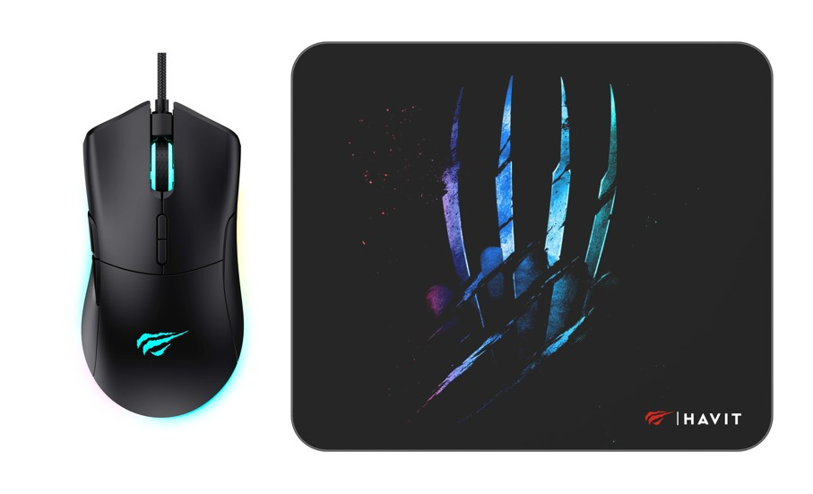 Siyah oyun faresi ve mousepad. Mousepad pençe tasarımına sahip, farede parlayan logo var.