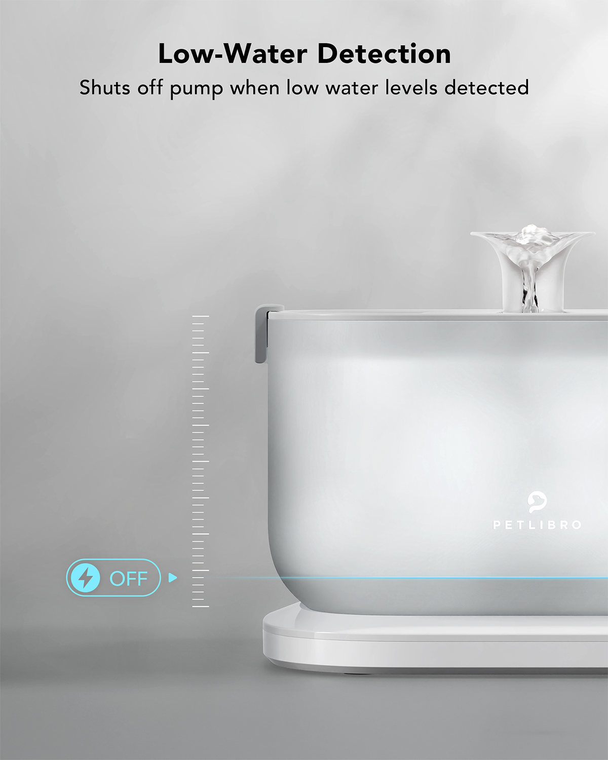 Weißer Haustier-Trinkbrunnen mit Niedrigwassererkennung. Text: Low-Water Detection. Zeigt eine Aus-Taste.
