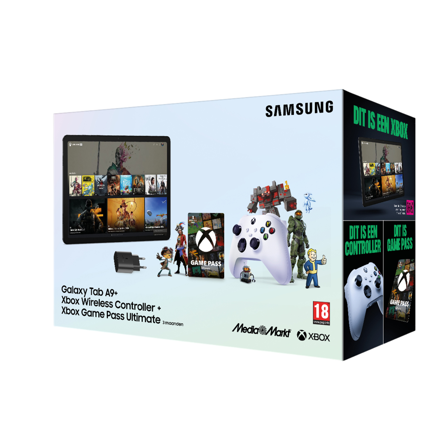 Box art met Samsung tablet, Xbox controller en Game Pass kaart. Met game characters en MediaMarkt en Xbox logo's.