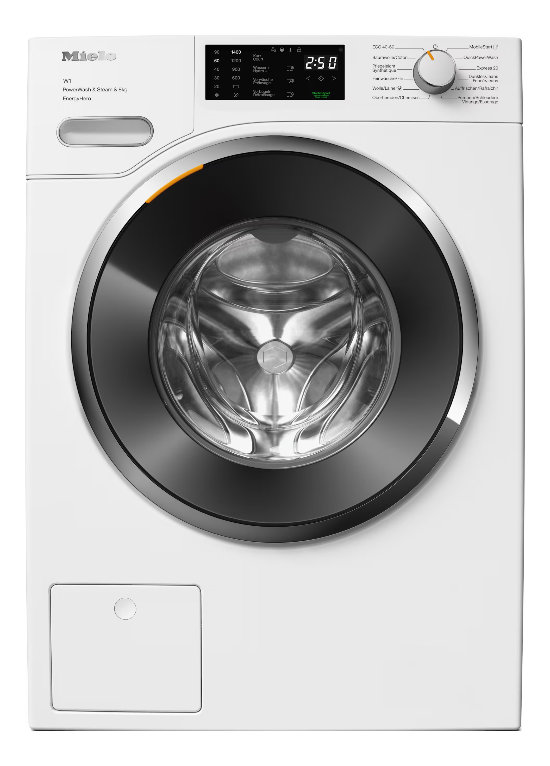 Lavatrice Miele bianca con porta nera, display digitale e manopola. Ha più opzioni di lavaggio.