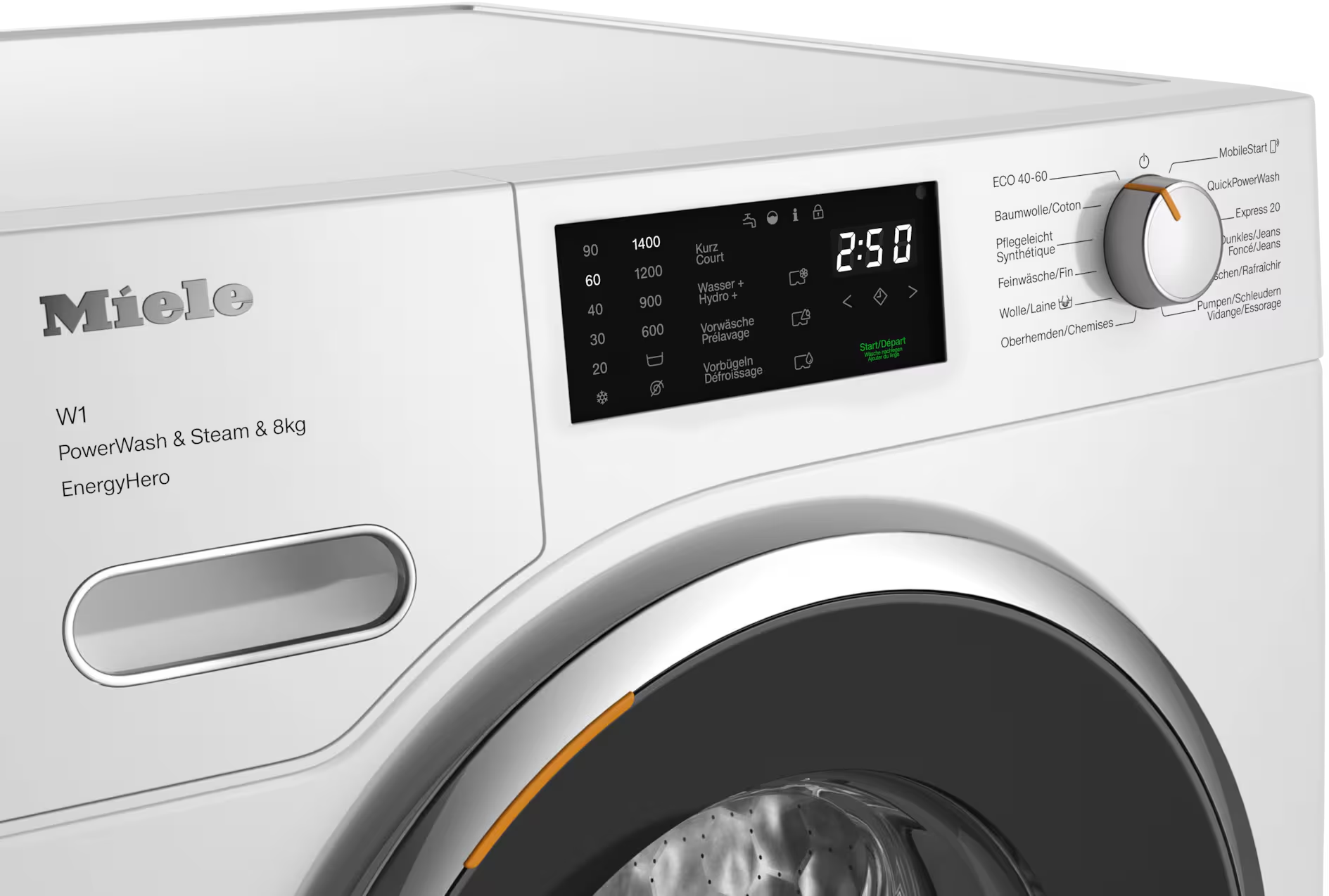 Lavatrice Miele bianca con display digitale 2:50 e varie opzioni di ciclo di lavaggio.
