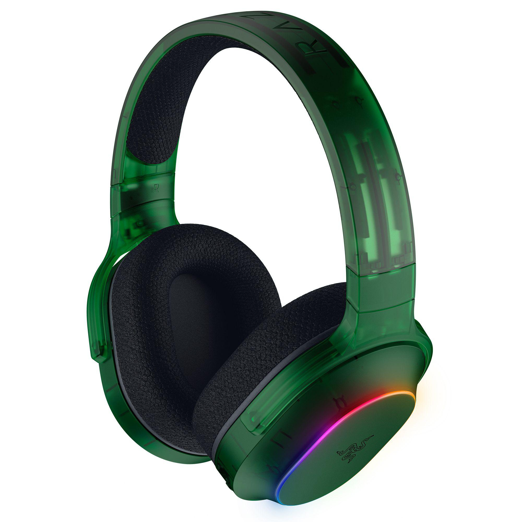 Grüner Gaming-Kopfhörer mit schwarzen Ohrmuscheln und Regenbogenlicht am unteren Rand, Razer-Logo sichtbar.