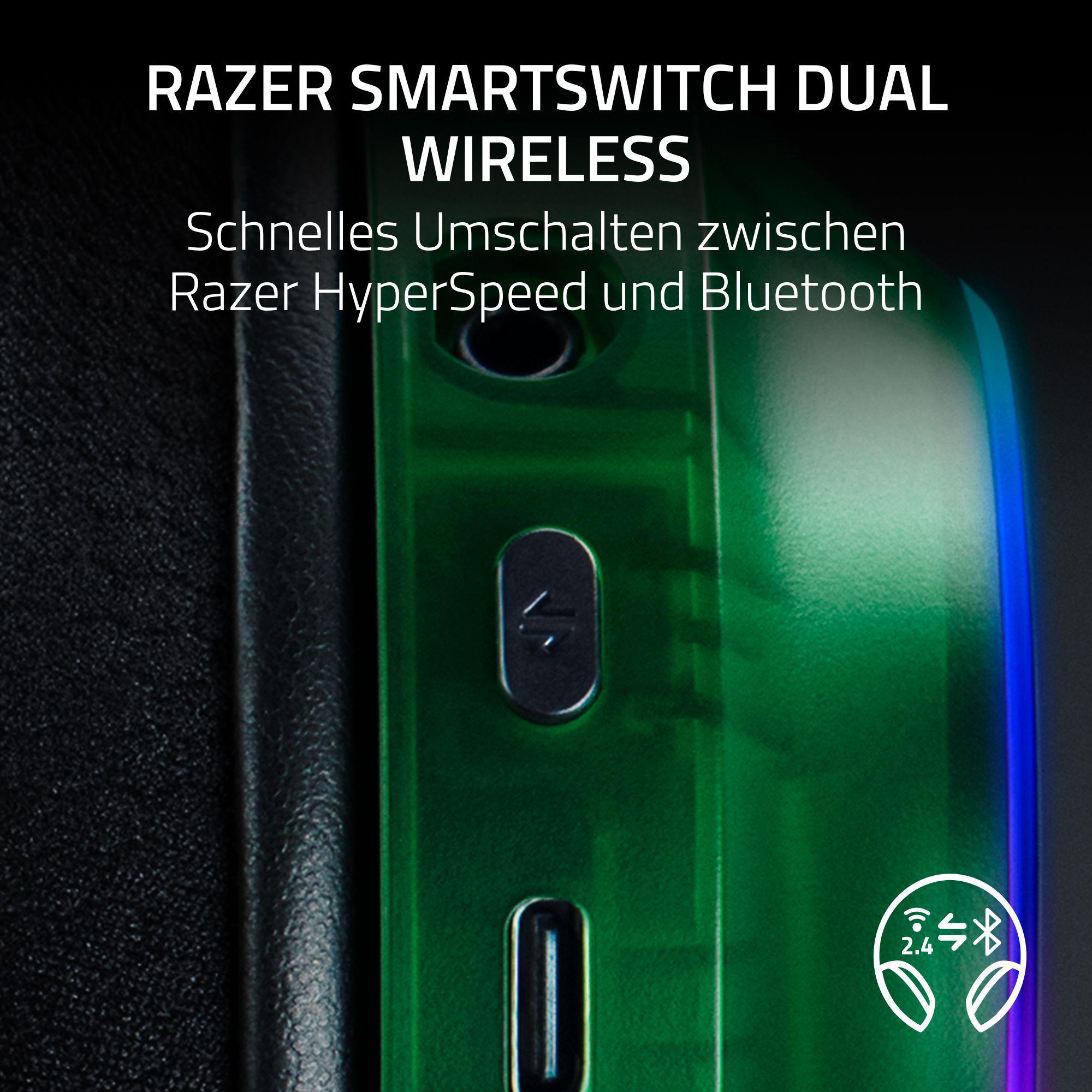 Grüner Razer SmartSwitch mit Taste. Text sagt Dual Wireless und Razer HyperSpeed. Bluetooth-Symbol vorhanden.