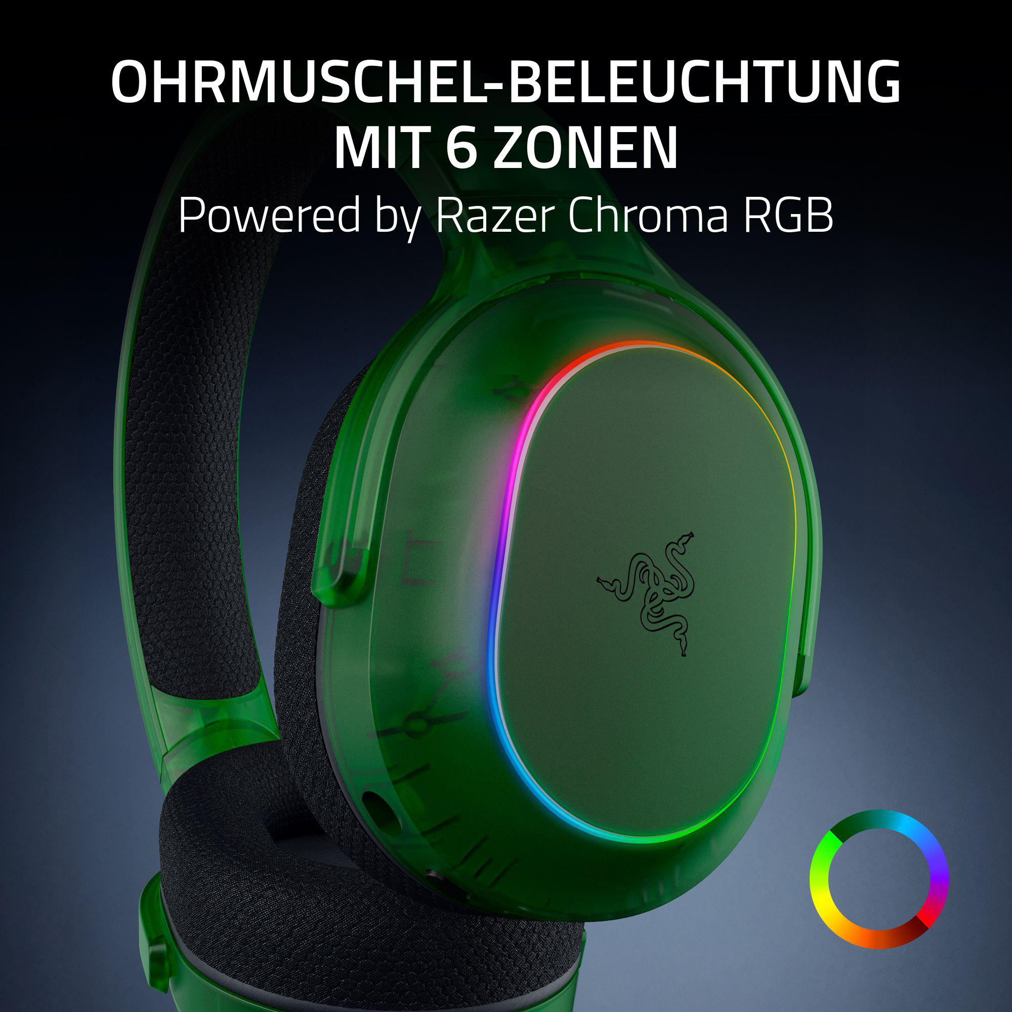 Grüne Razer-Kopfhörer mit RGB-Beleuchtung. Text: Ohr muschel Beleuchtung mit 6 Zonen. Powered by Razer Chroma RGB.