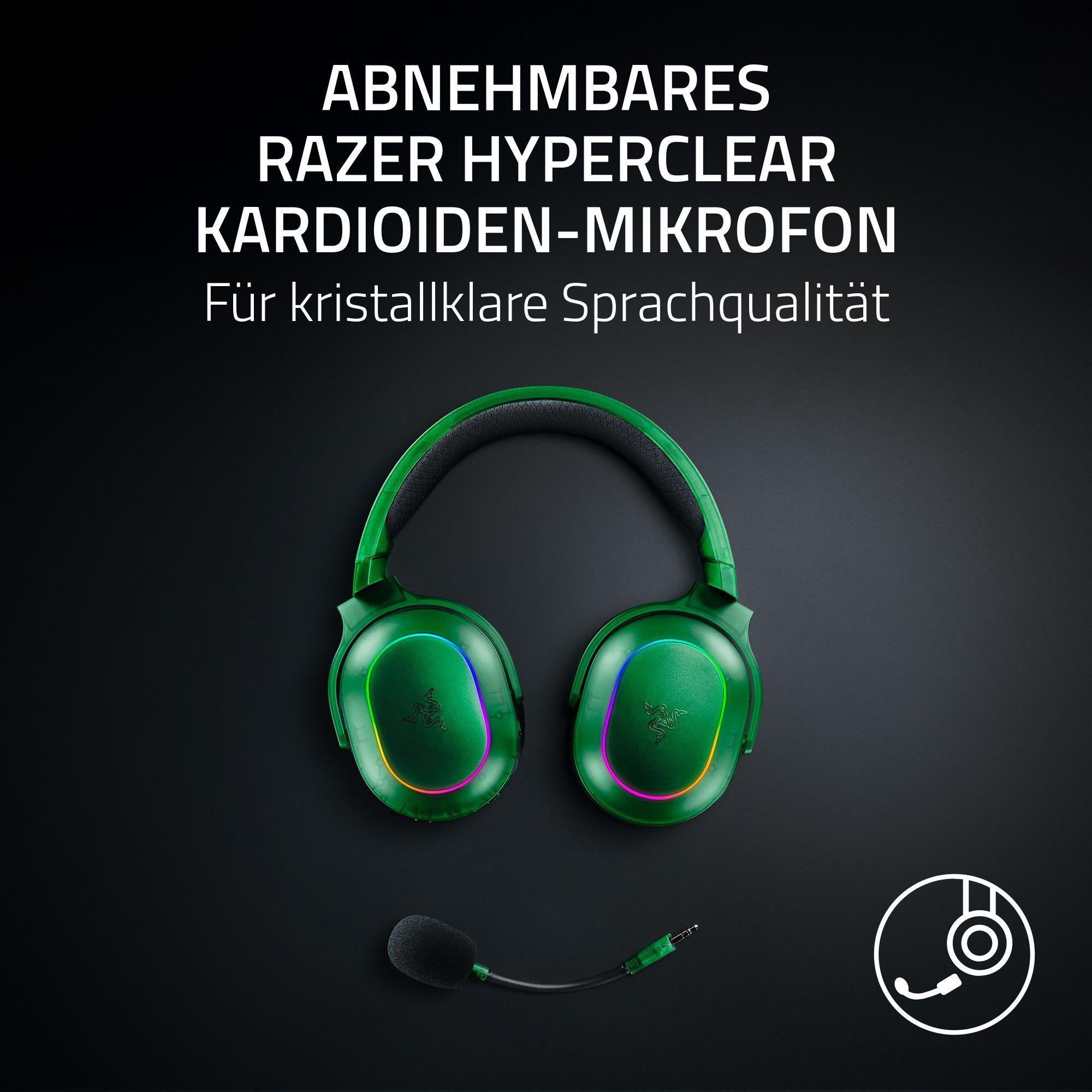 Grünes Razer Hyperclear-Headset mit abnehmbarem Mikrofon auf schwarzem Hintergrund. Text auf Deutsch.