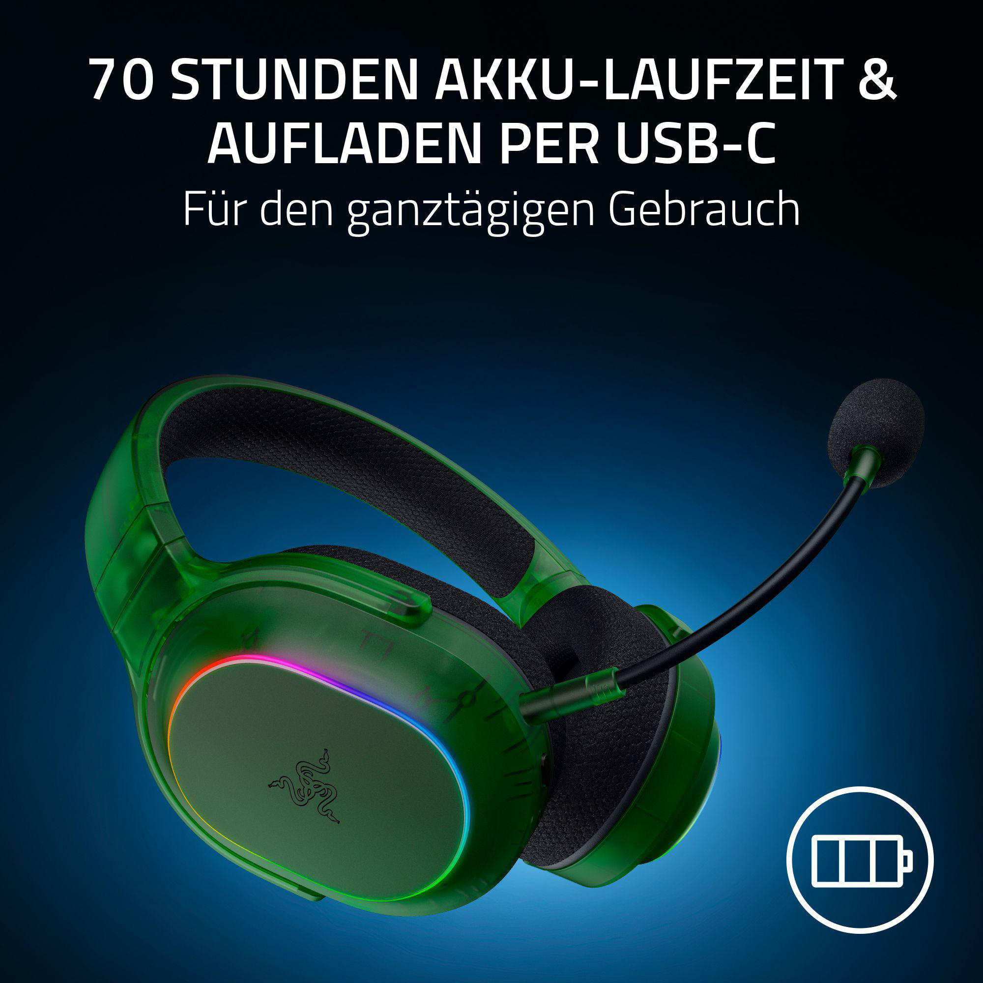 Grünes Gaming-Headset mit Mikrofon, leuchtenden Akzenten und einem Akkusymbol auf blauem Hintergrund.