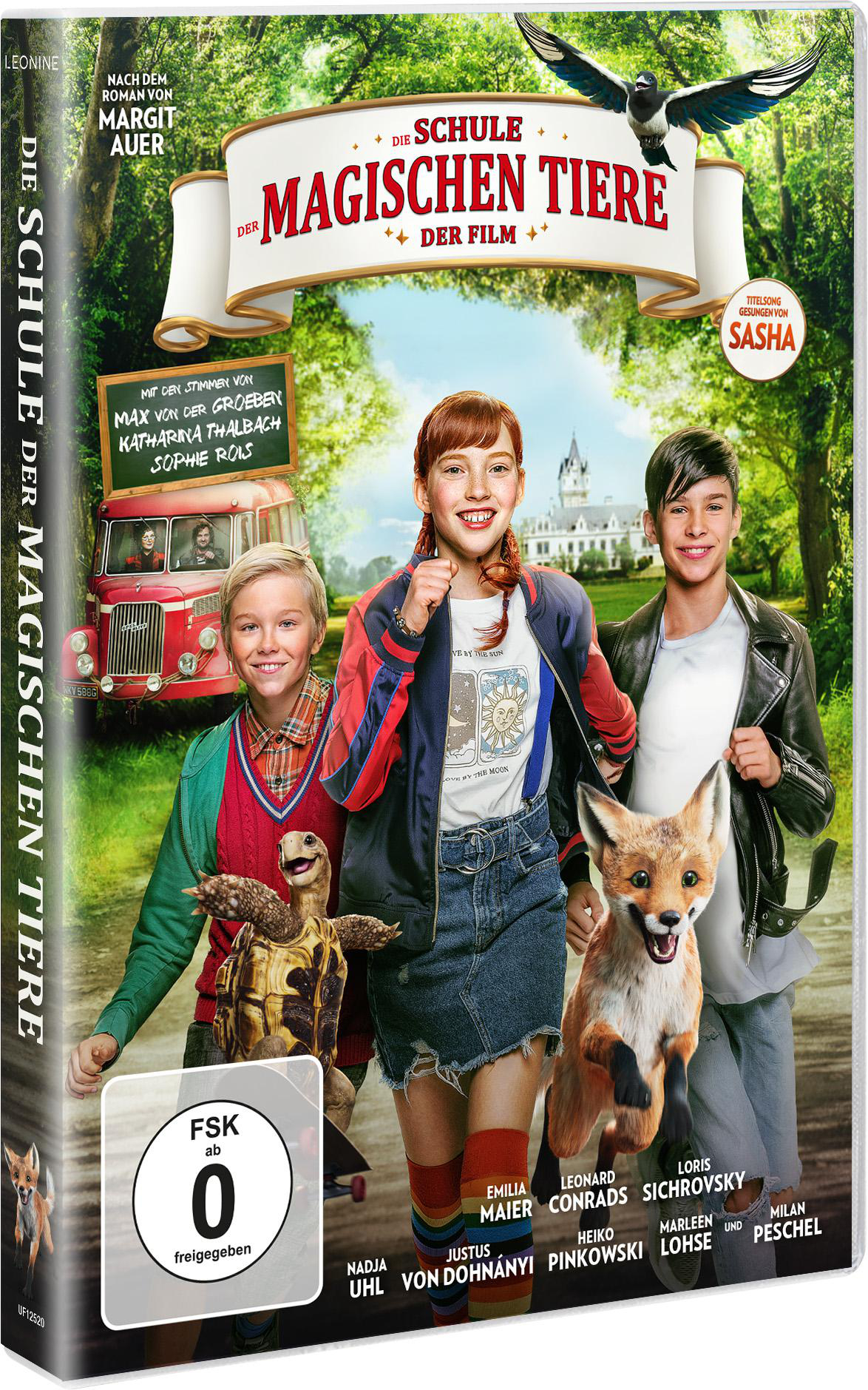 Filmcover: Drei Kinder mit Fuchs und Schildkröte. Titel: Die Schule der magischen Tiere. Hintergrund: Schule, Vogel.