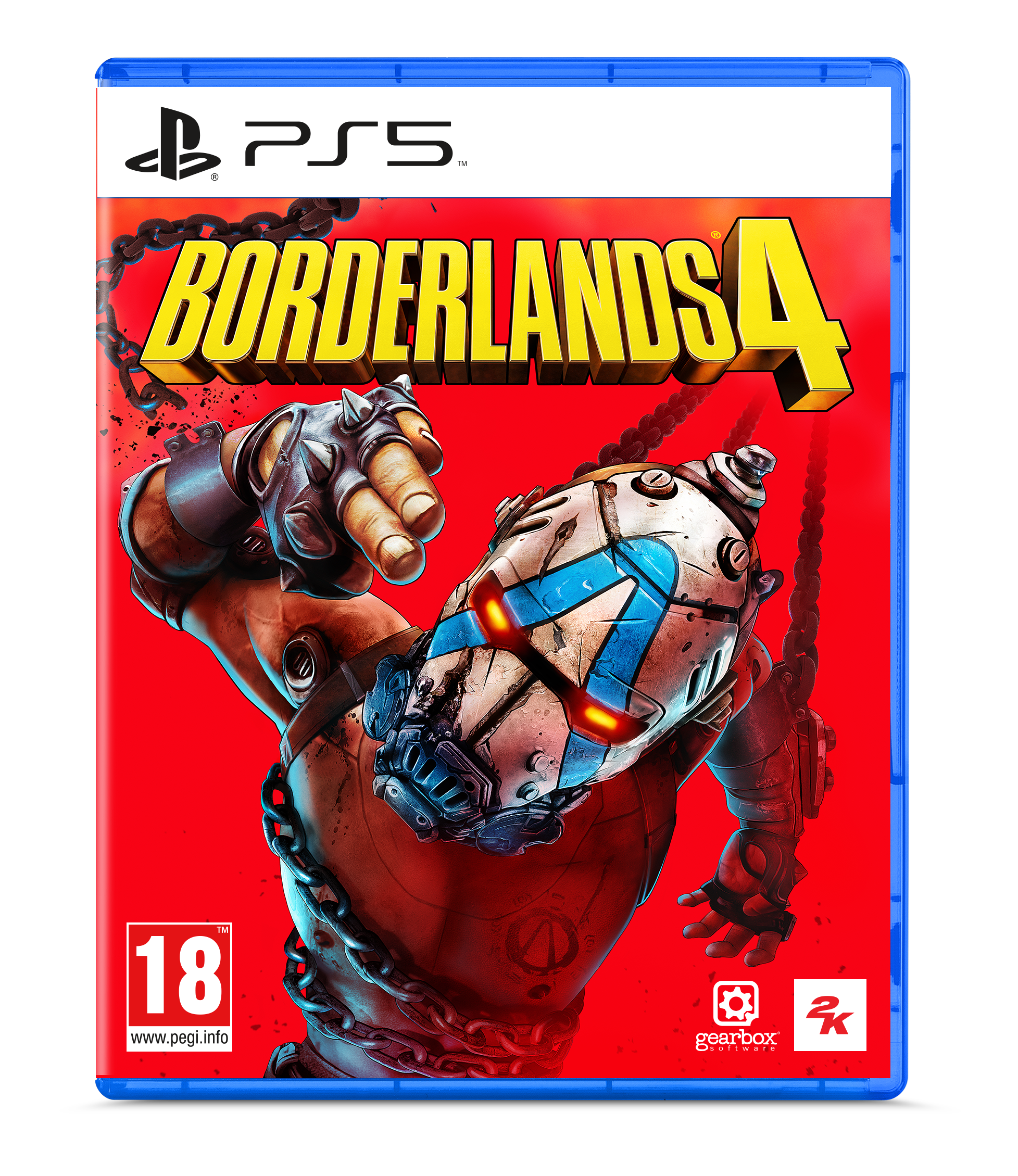 Borderlands 4 Spielcover. Robotercharakter mit Ketten, vor rotem Hintergrund. PS5-Logo oben.