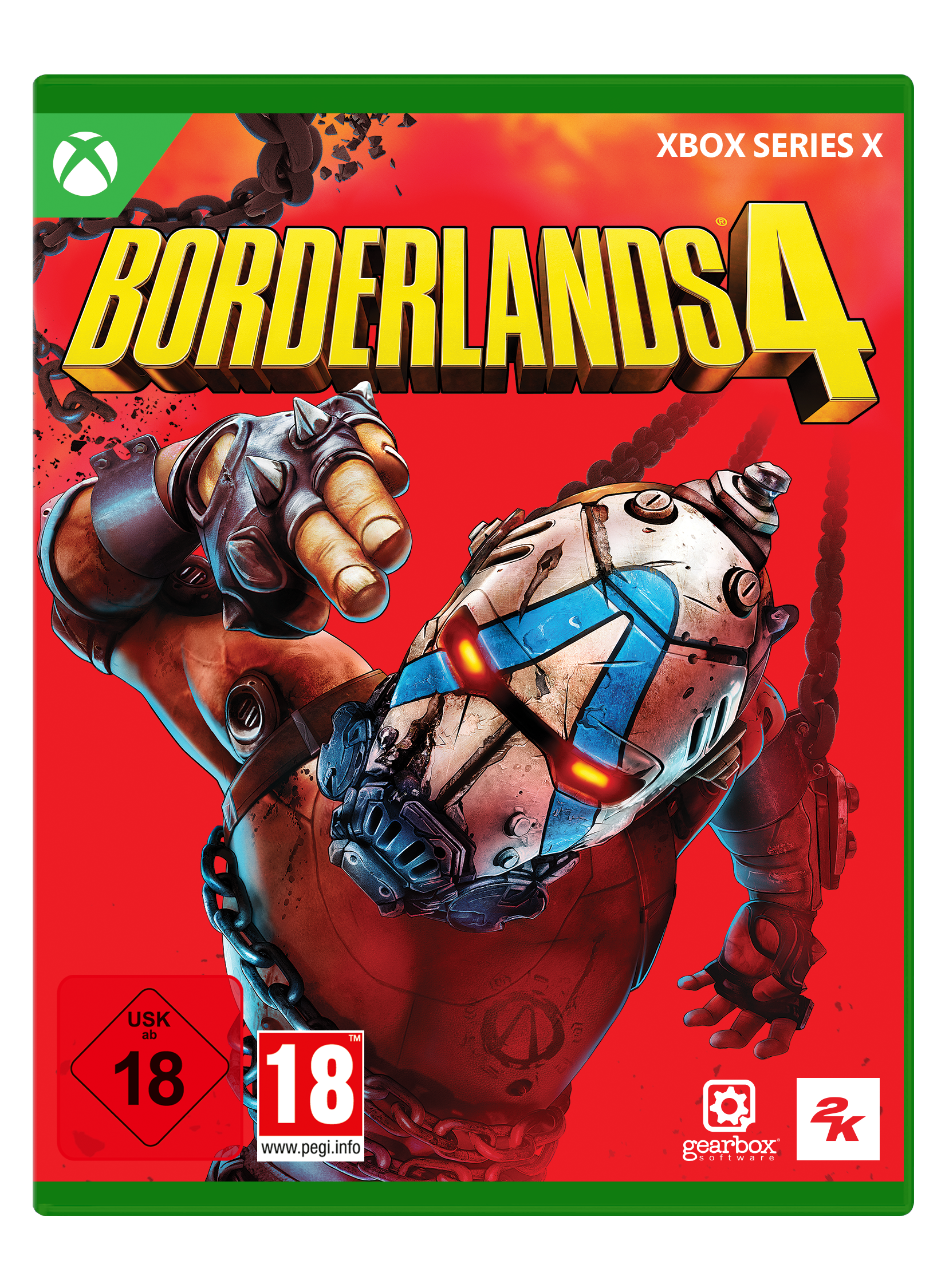 Borderlands 4-Spielcover. Ein Cyborg ist angekettet. Roter Hintergrund. Xbox Series X-Logo. USK 18 und PEGI 18 Bewertungen sind sichtbar.