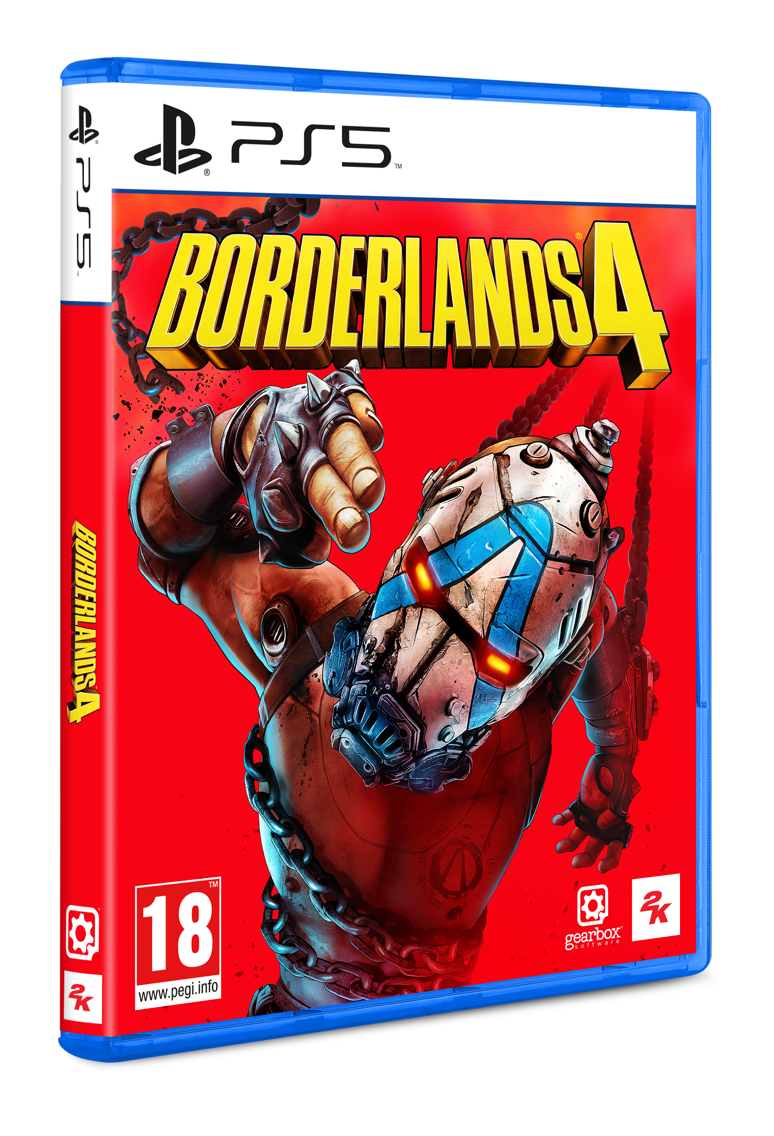 Borderlands 4-Spielcover. Ein Charakter mit Maske und Metallhandschuh auf rotem Hintergrund.