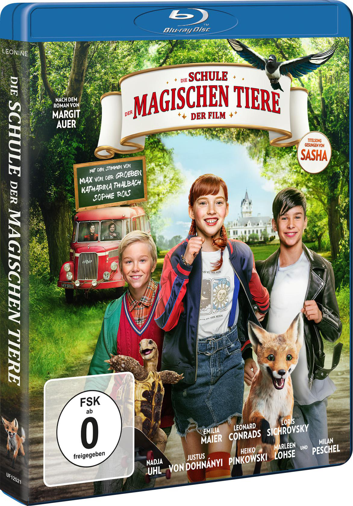 Filmcover: Drei Kinder, ein Fuchs und eine Schildkröte. Titel: Die Schule der magischen Tiere. Blu-ray Disc.