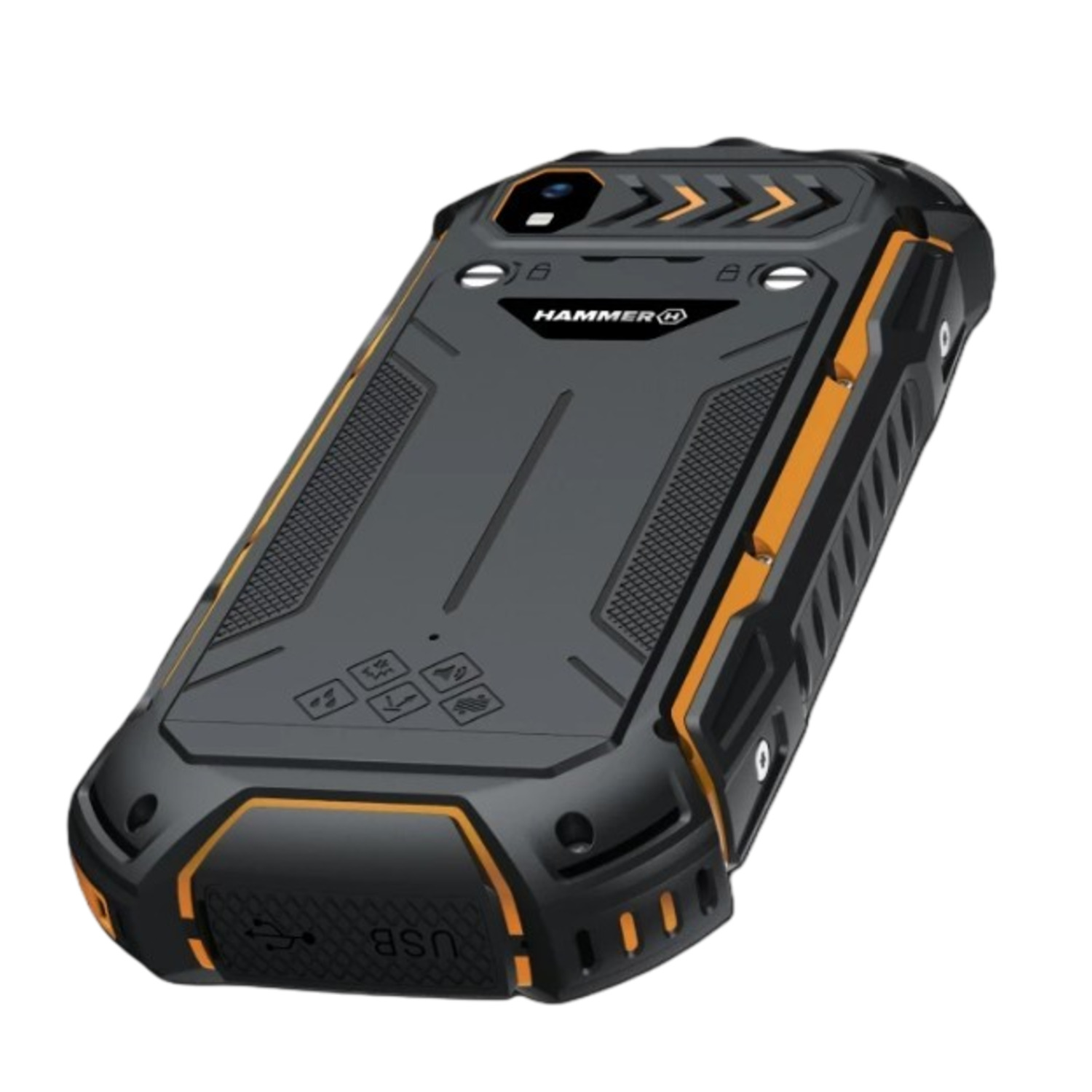 A rugged black and orange smartphone. It has a textured back, camera, and USB port.