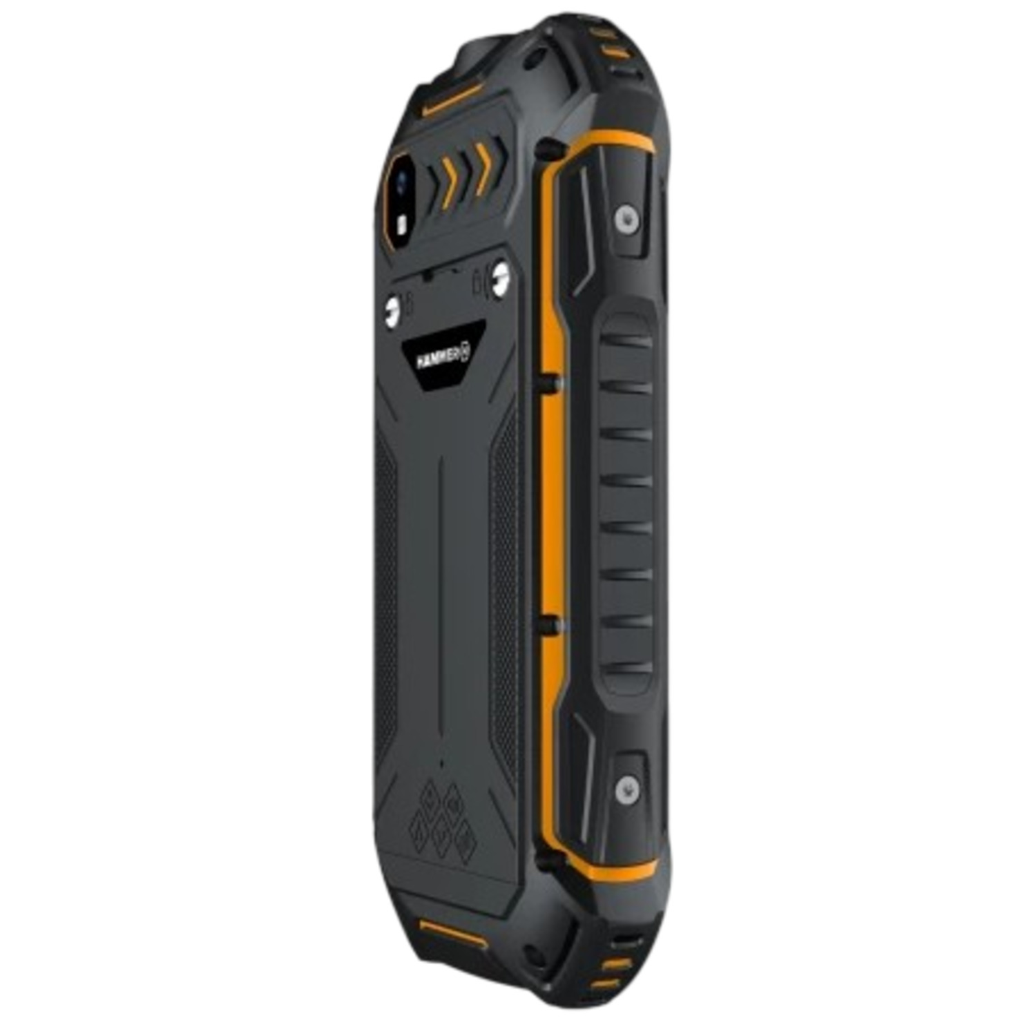 A rugged black and orange smartphone. It has a camera, the brand name 'HAMMER', and a textured back.
