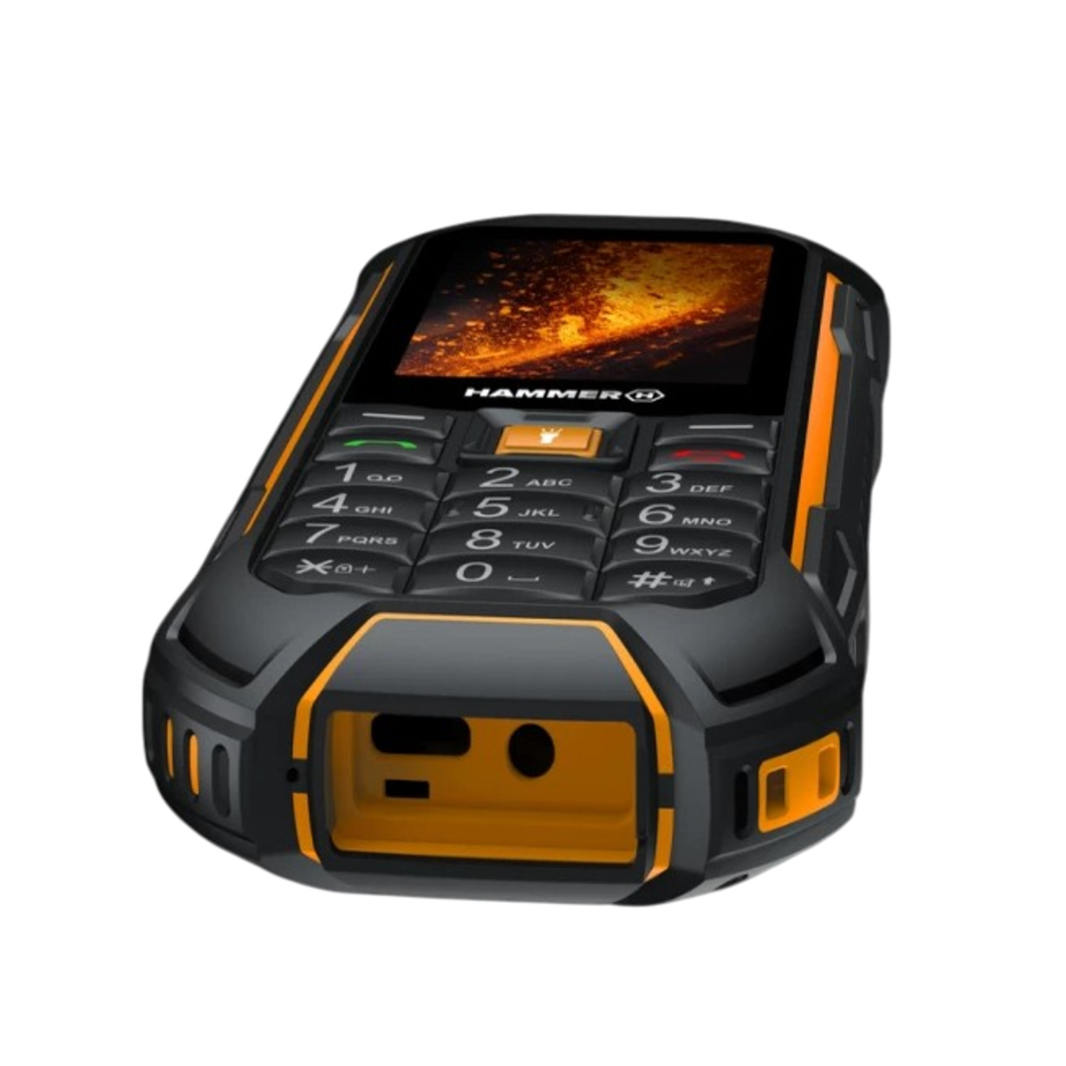 Black and orange HAMMER phone. It has a screen displaying an image. The phone has buttons and a charging port at the bottom.