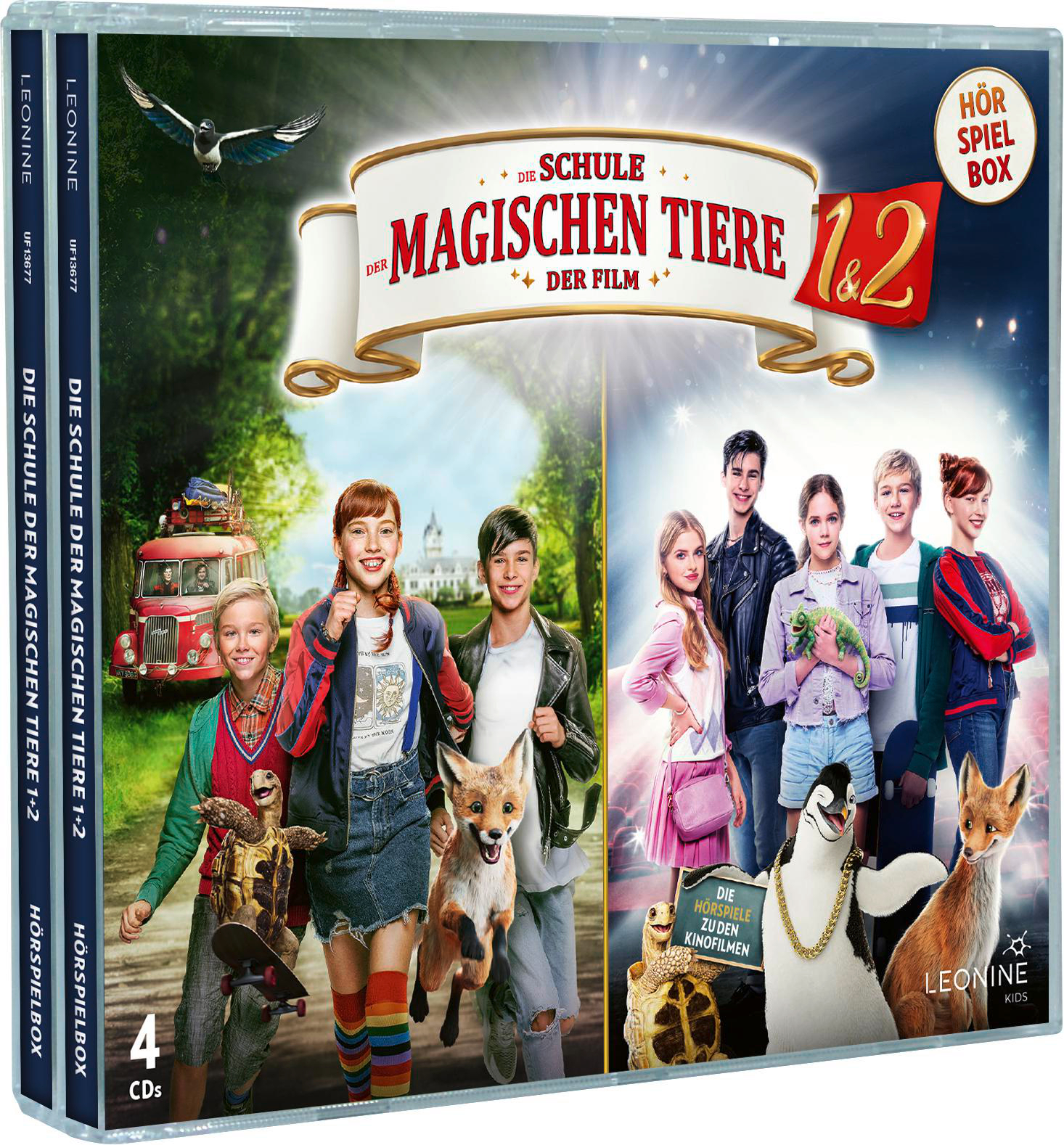 Cover: Kinder und Tierbegleiter vor Waldhintergrund, Werbung für den Film 'Die Schule der magischen Tiere'.