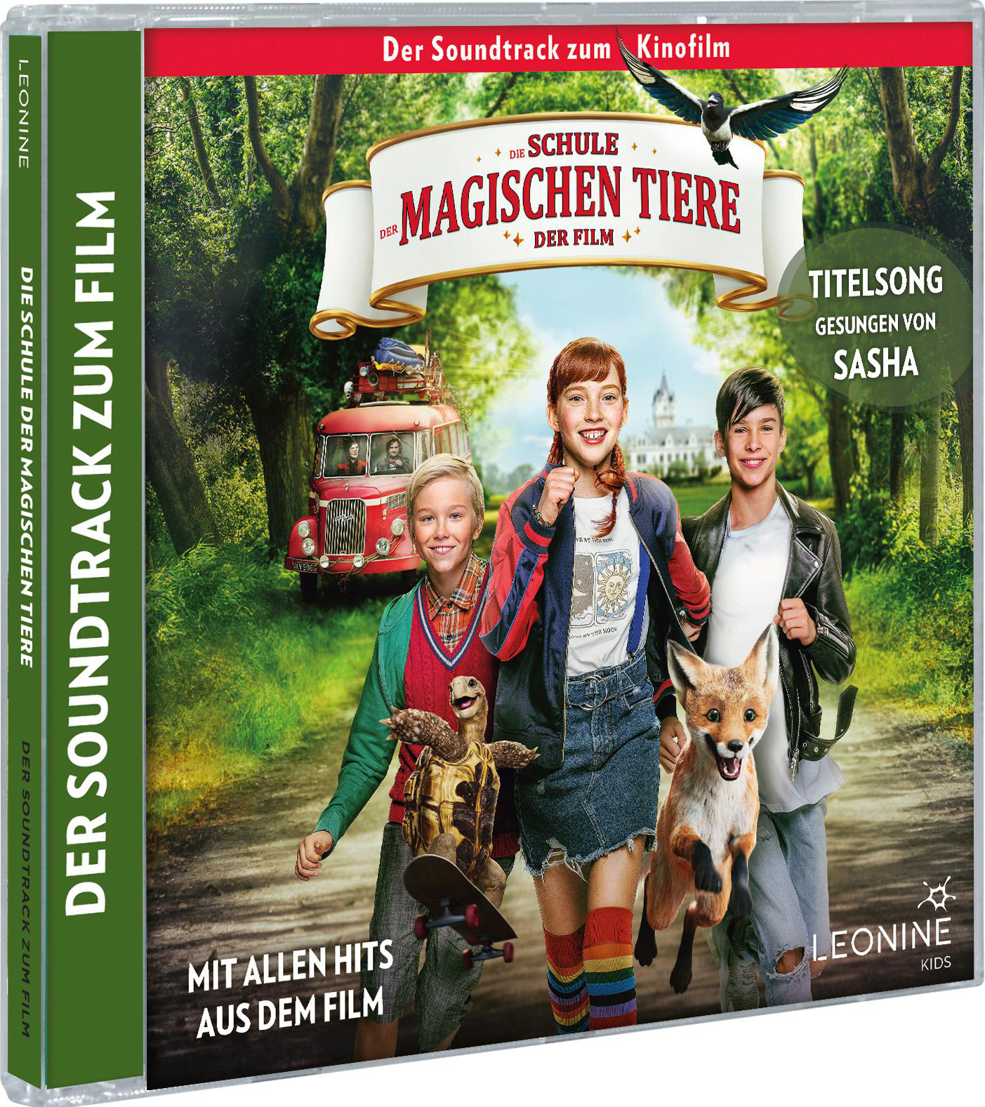 Cover: Kinder mit Fuchs und Schildkröte, roter Bus und Titelbanner in Waldkulisse.