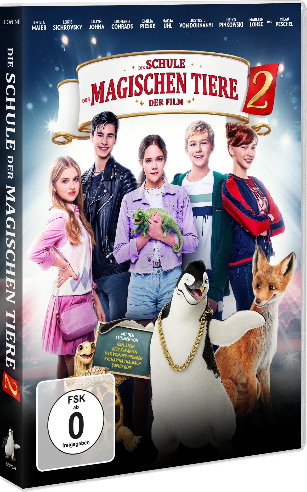 Kinoposter für "Die Schule der magischen Tiere 2". Zeigt eine Gruppe von Teenagern, einen Pinguin und einen Fuchs. Der Titel ist prominent.