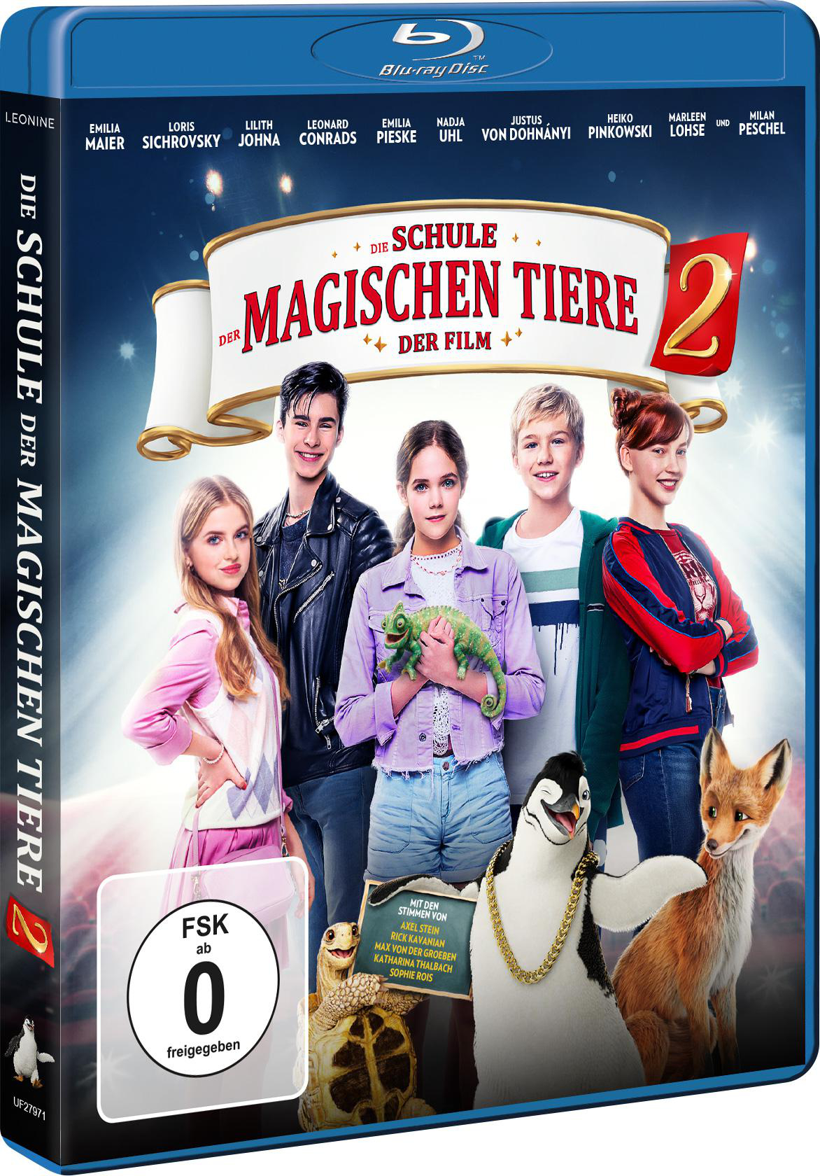 Blu-ray-Cover von 'Die Schule der magischen Tiere 2'. Zeigt Kinder, Tiere und den Filmtitel. Mit Pinguin, Fuchs und Chamäleon.