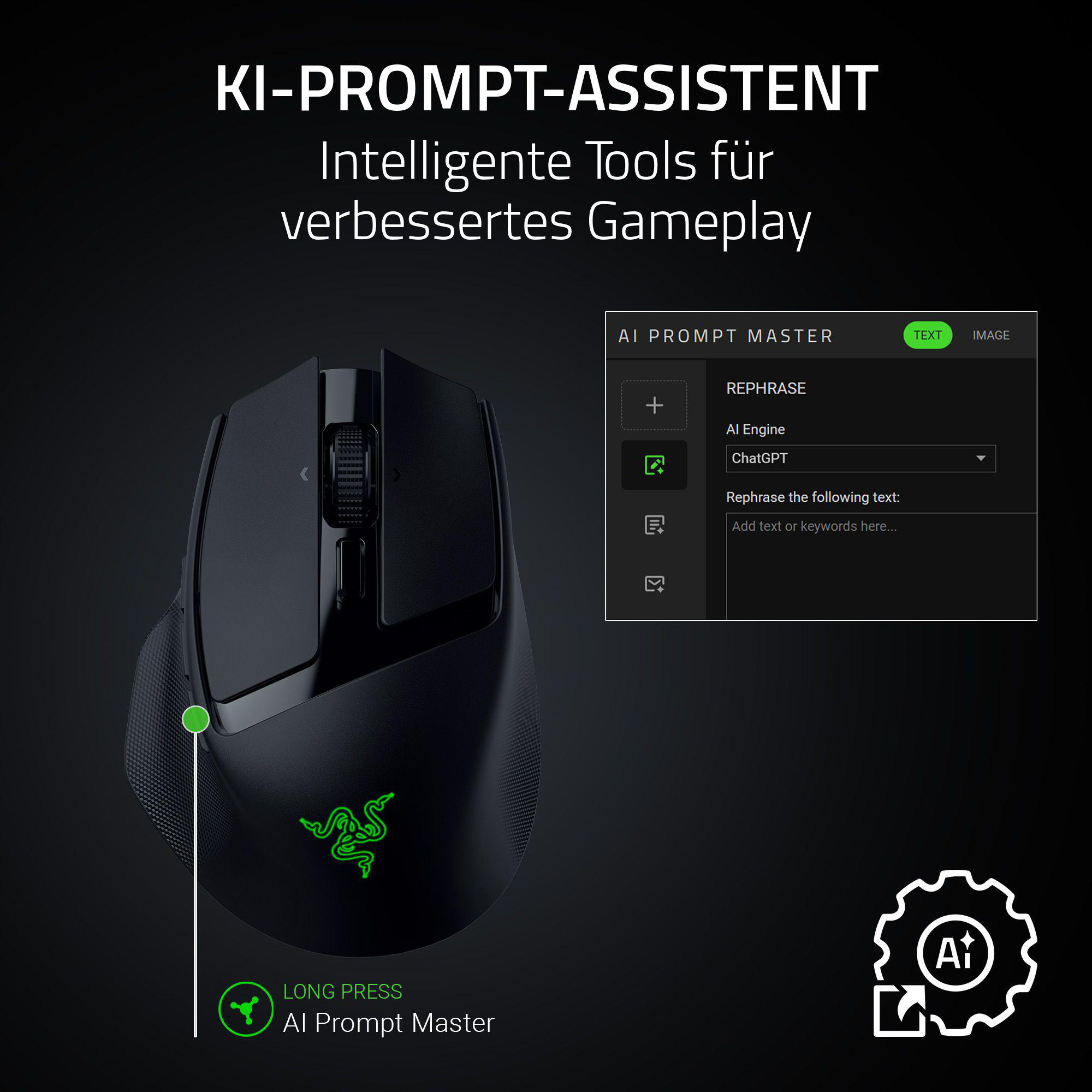 Schwarze Gaming-Maus mit grünen Akzenten neben einer Benutzeroberfläche zur KI-Textumformulierung. Der Hintergrund ist dunkel.
