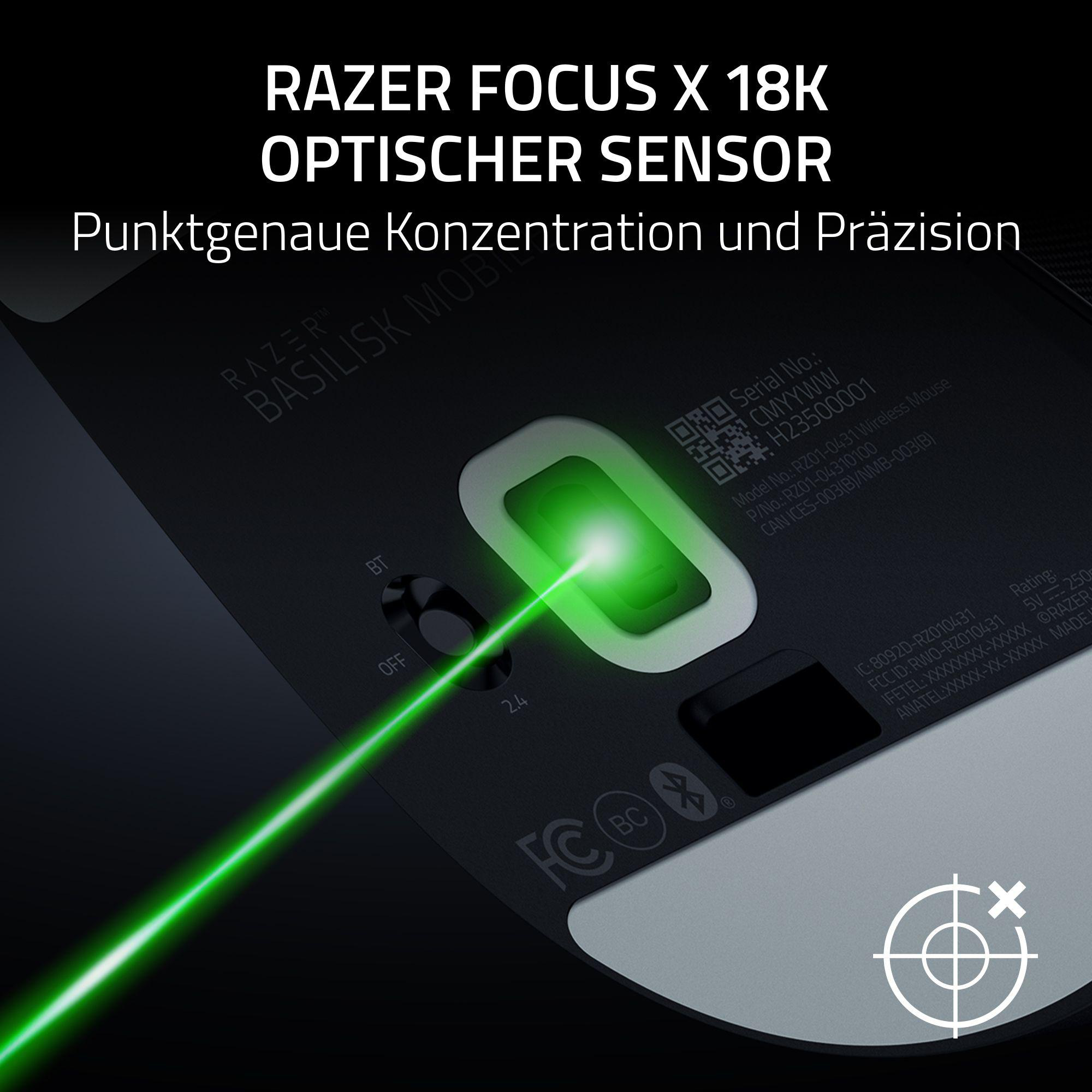 Eine Razer-Mausbasis mit grünem Laserstrahl. Auf der Maus steht Razer Focus X 18K.