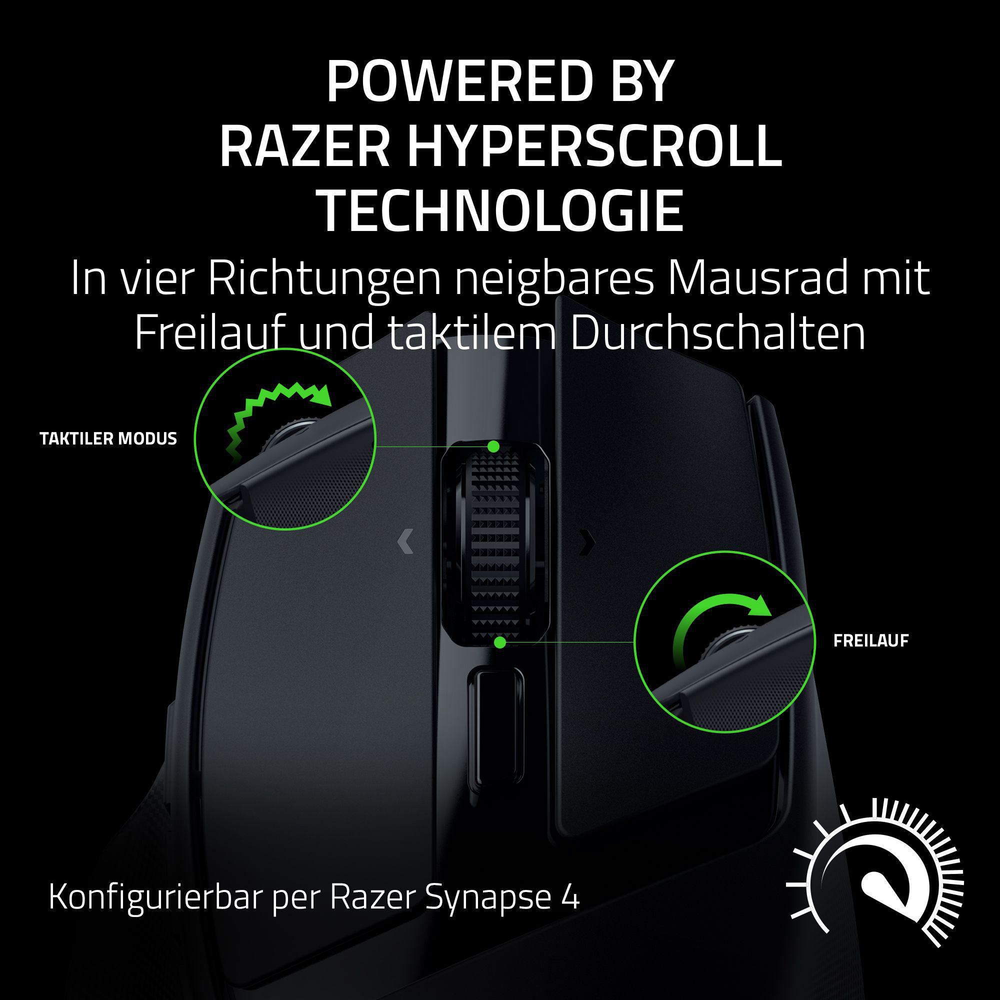 Schwarze Razer-Maus mit Scrollrad-Details. Text weist auf Hyperscroll-Technologie, Konfigurierbarkeit und 4-Wege-Neigung hin.