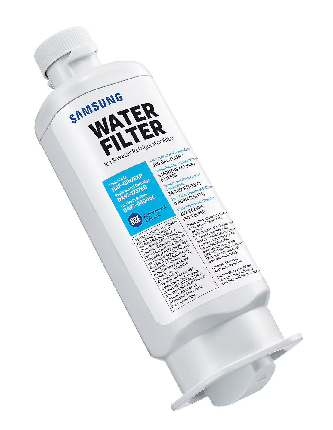 Biały filtr wody Samsung. Tekst: Filtr wody, filtr do lodówki z lodem i wodą. Model: HAF-QIN/EXP. Certyfikat NSF.