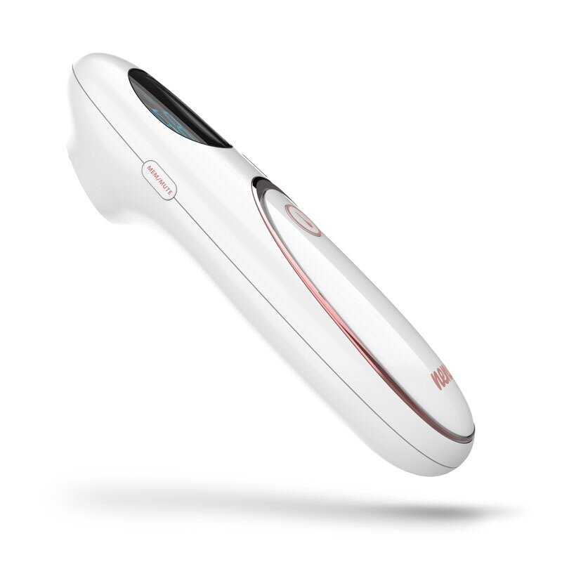 Białe i różowo-złote urządzenie przenośne. Ma wyświetlacz, przycisk zasilania i słowa MEM/MUTE. Urządzenie jest na białym tle.