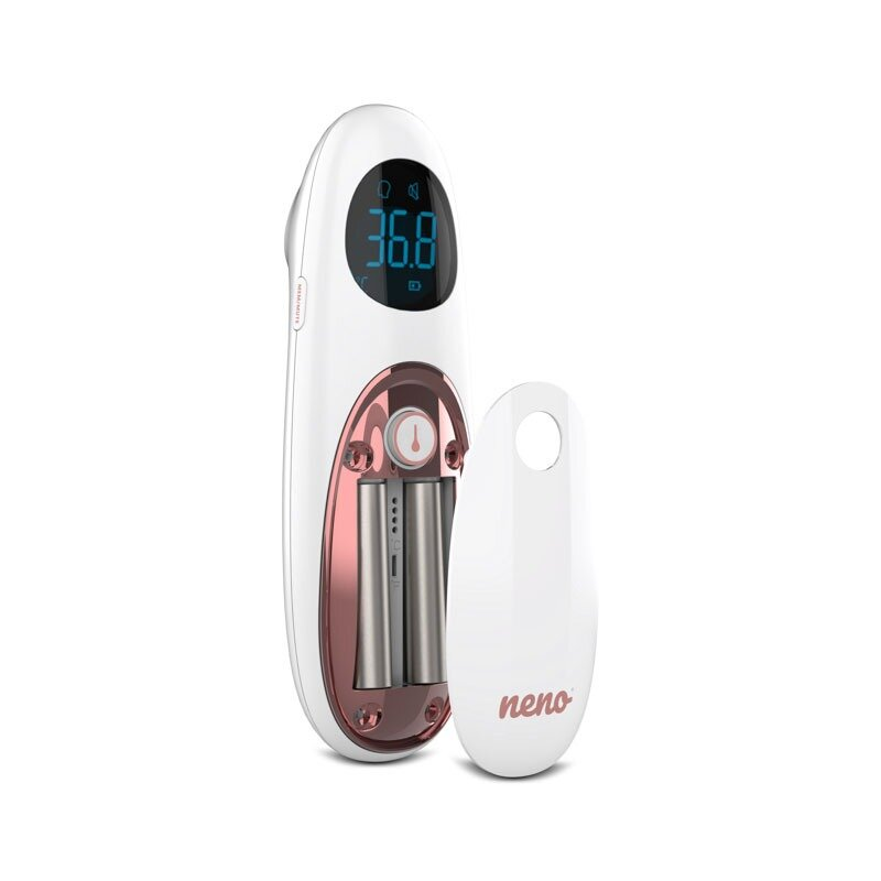 Biały i różowo-złoty termometr douszny Neno pokazuje 36,8 stopni. Pokrywa jest zdjęta, odsłaniając komorę baterii.