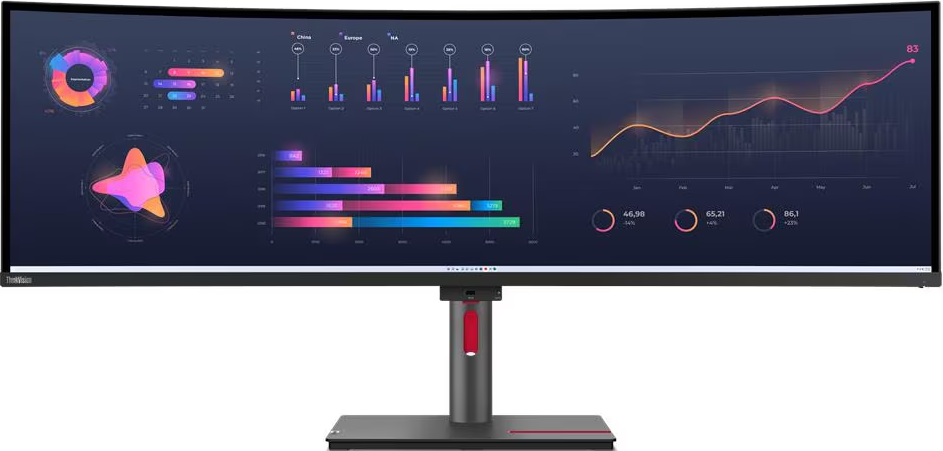 Ein gekrümmter Monitor zeigt Daten in verschiedenen Farben auf dunklem Hintergrund. Er hat einen Ständer mit roten Akzenten.