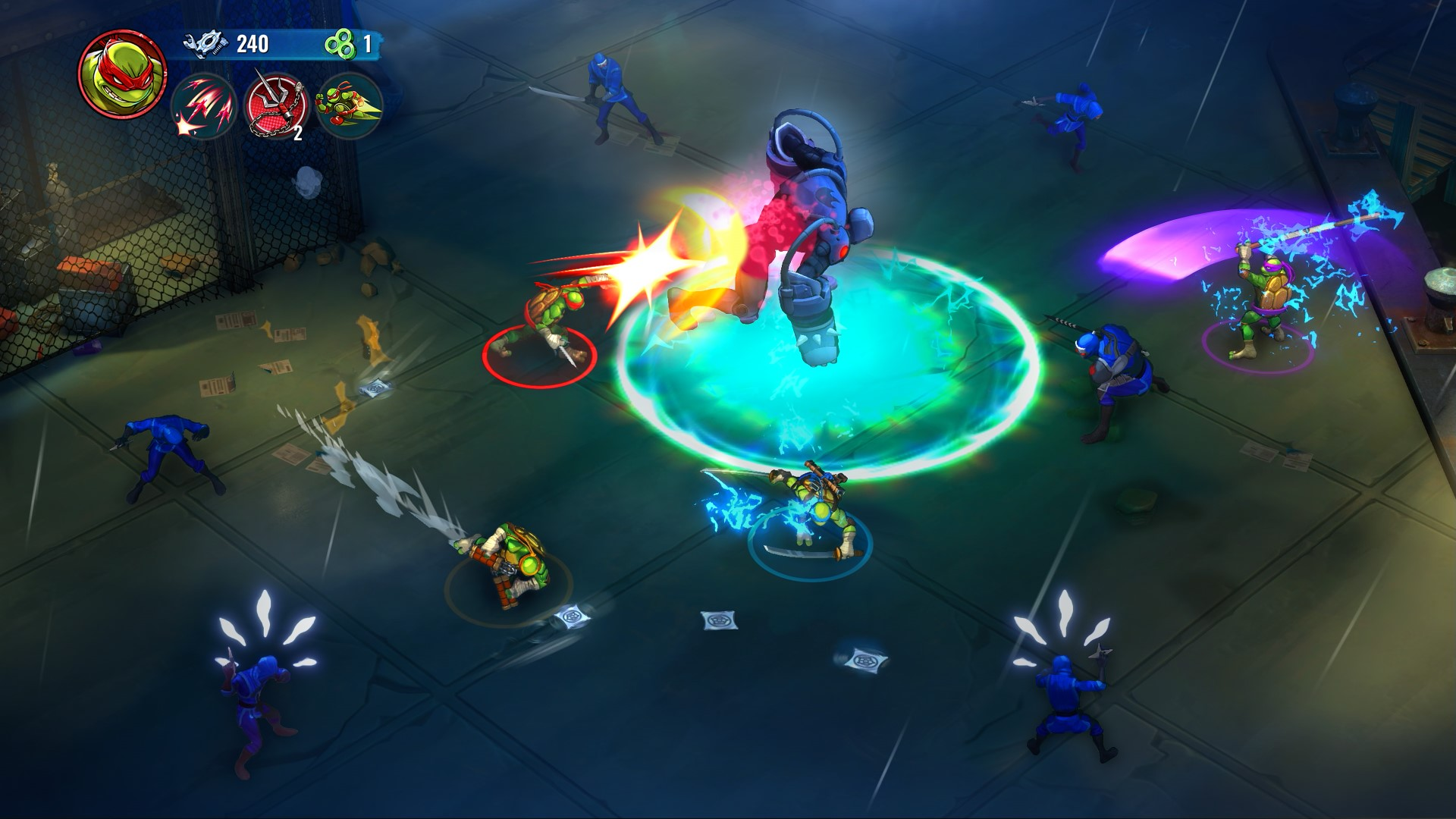 Scena z gry Wojownicze Żółwie Ninja. Żółwie walczą z robotami i ninja w miejskim otoczeniu. Walka z wykorzystaniem wybuchów energii i ataków wręcz.