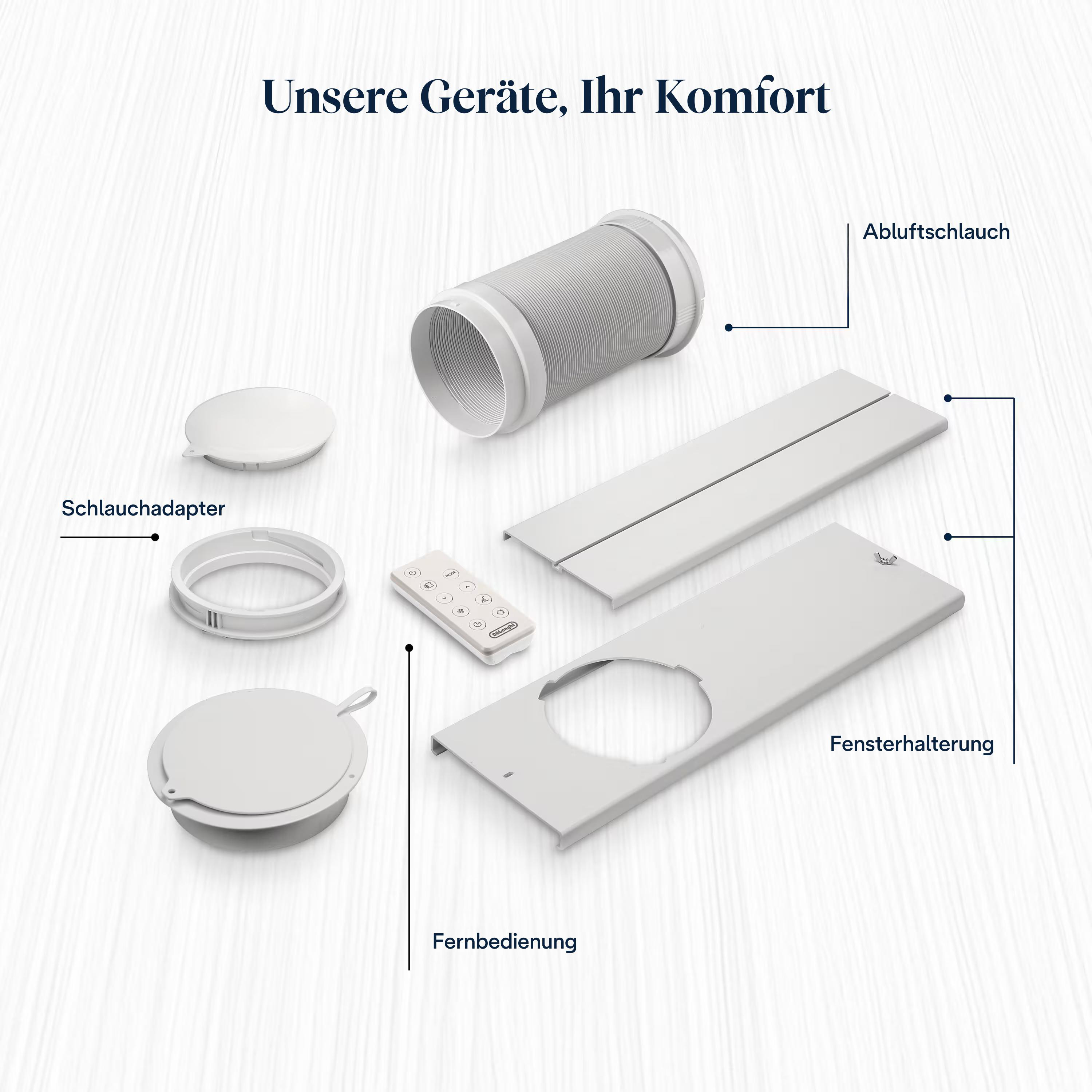 Das Bild zeigt AC-Komponenten: Schlauch, Adapter, Fensterhalterung und Fernbedienung. Weißer Hintergrund. Text: Unsere Geräte, Ihr Komfort.