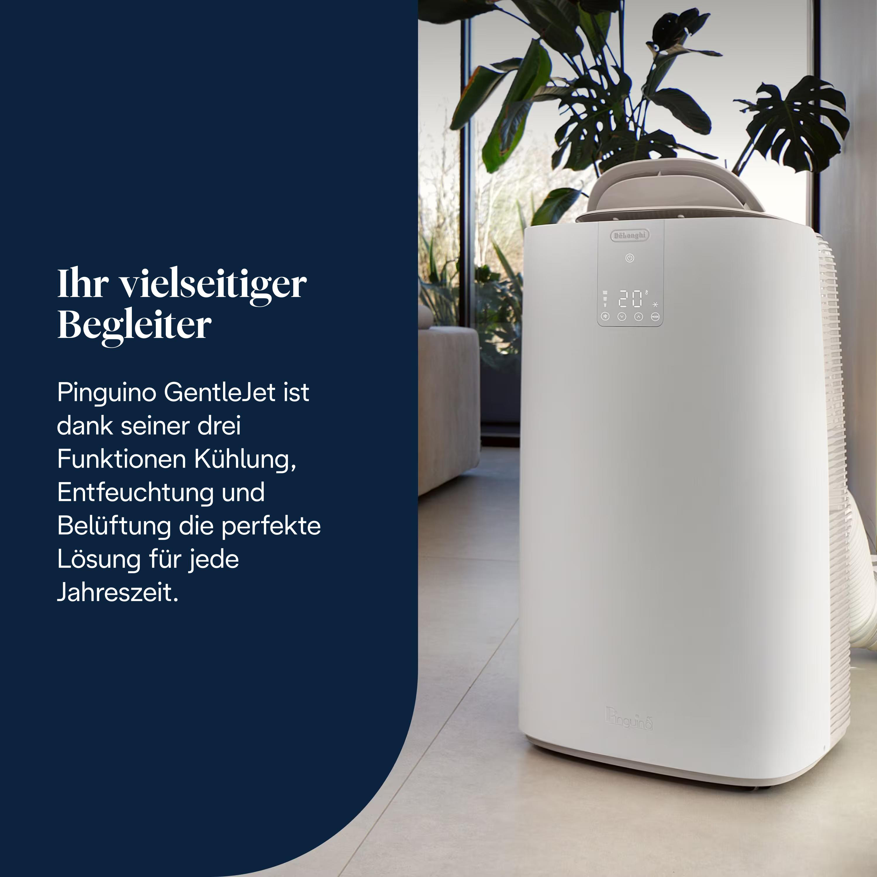 Weißer Klimaanlage in einem Raum. Text links. Grüne Pflanzen im Hintergrund.