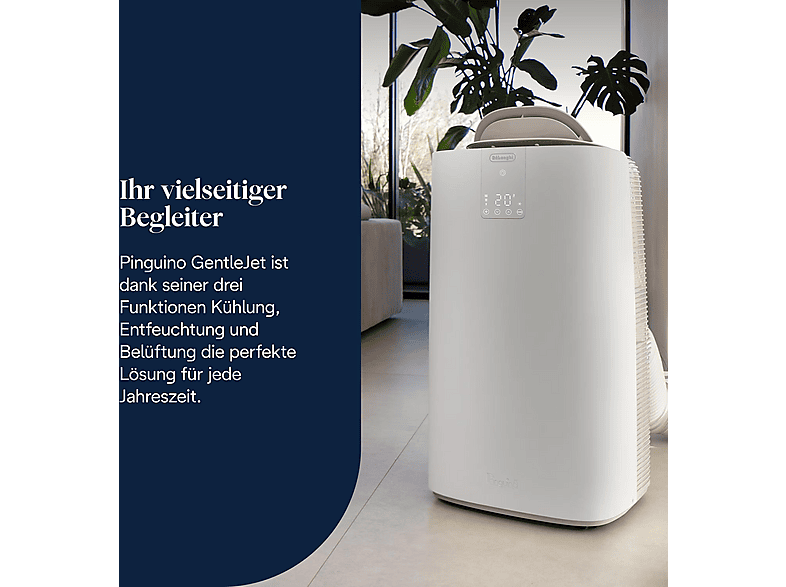 DELONGHI Pinguino PAC AP98 GentleJet, Wohlfühlklima, 3-in1: Kühlung, Entfeuchtung, Ventilation, sanfte Luftverteilung, leises mobiles Klimagerät Weiß/Elfenbeinweiß (Max. Raumgröße: 100 m³, EEK: A+)