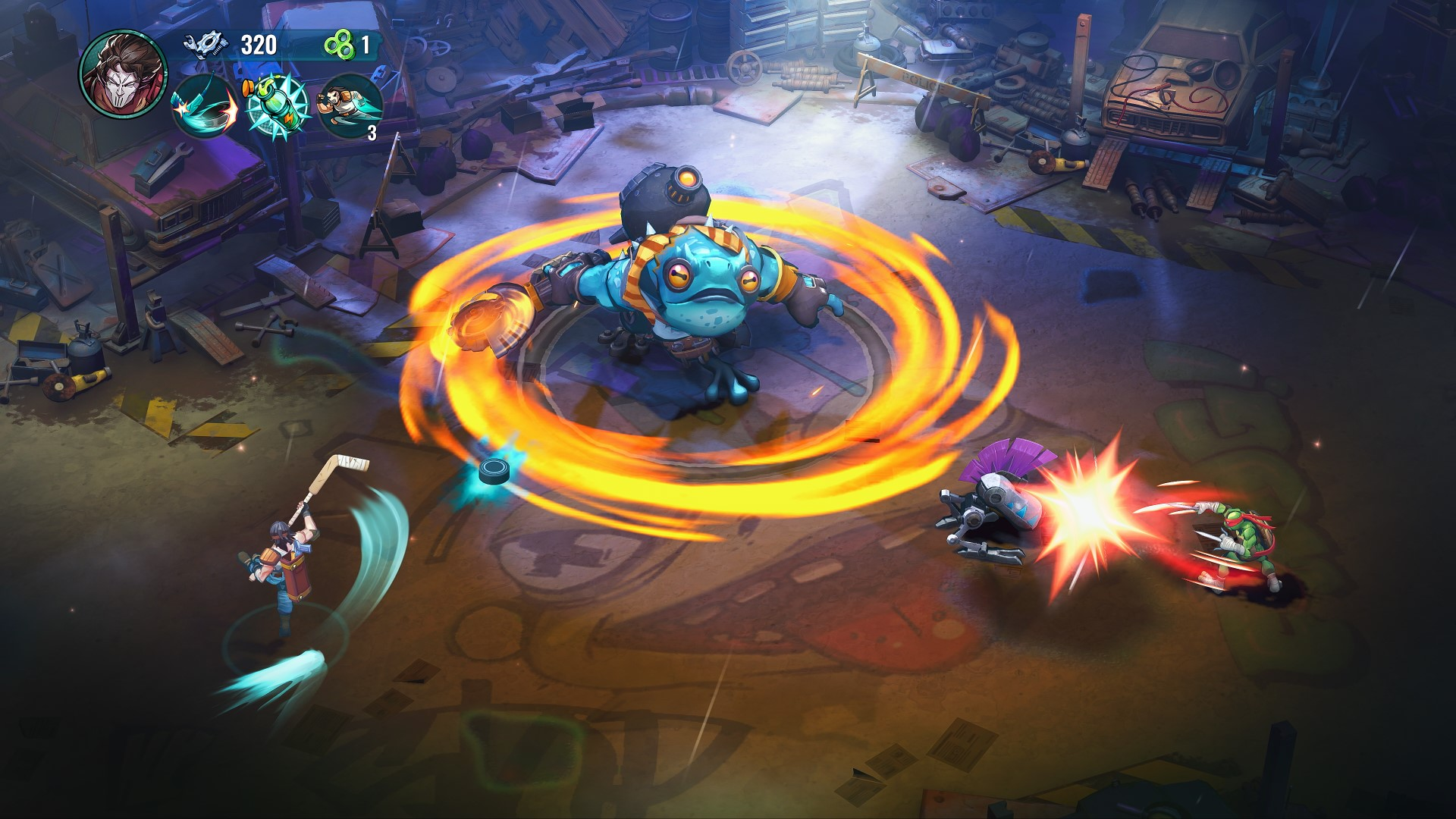 Scena bitwy z kreskówek. Postać podobna do żaby w środku jest otoczona energią. Inne postacie walczą.